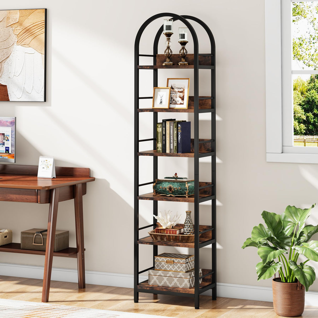 78.7" Industrial Wood 6-Tier Arched Bookshelf with Metal Frame in Rustic Brown Tribesigns