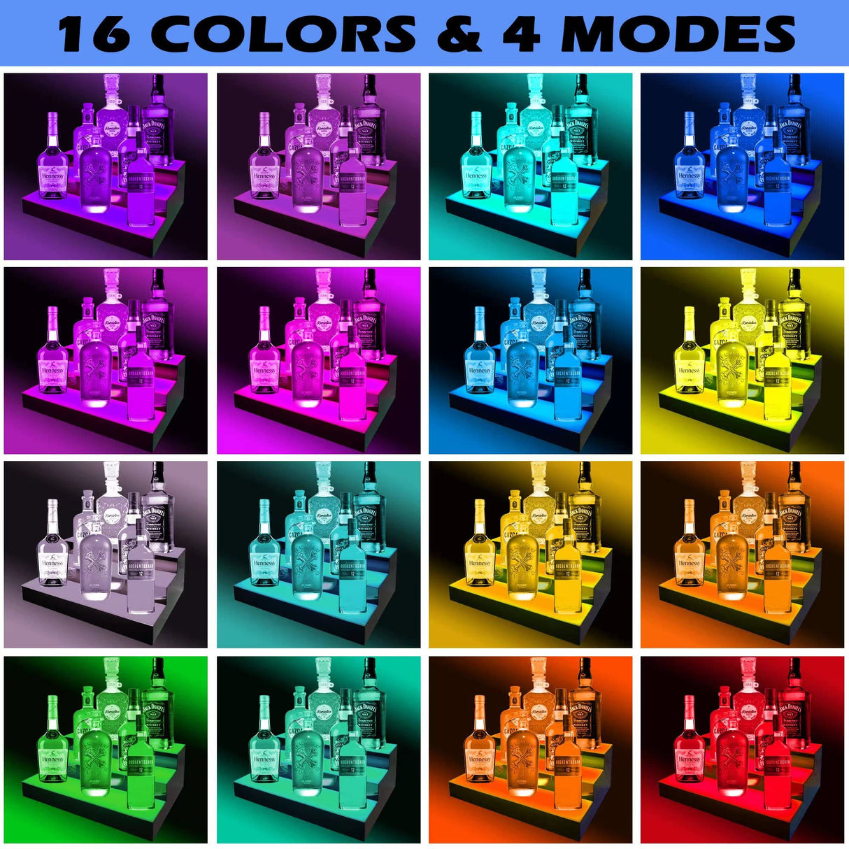 Royxen LED Lighted Liquor Bottle Shelf 3 Tier, 16 Inch Bar Shelf with Remote, Bottle Stand Multi-Color Lighting Modes for Bars Royxen