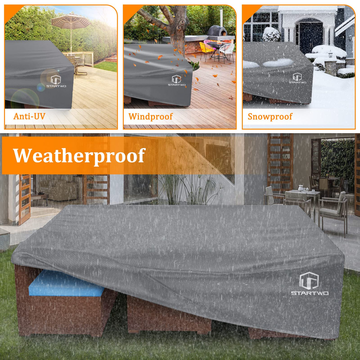 STARTWO Patio Furniture Covers Waterproof Outdoor Lawn Furniture Set Cover for 7-12 Piece Sectional Sofa, Conversation Set Garden Dining Tables Chairs,Grey STARTWO
