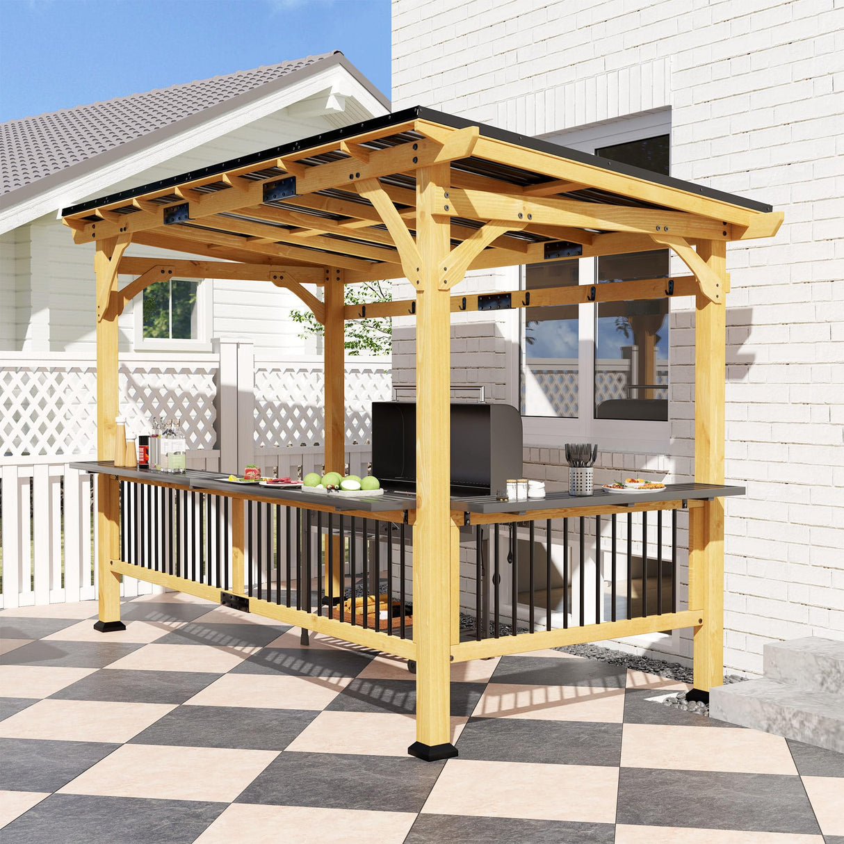 Outsunny 13' x 6' Wooden BBQ Grill Gazebo, Hardtop Grill Gazebo with Metal Roof, 2 Bar Shelves and 6 Hooks, Outdoor BBQ Gazebo for Patio, Garden, Backyard, Natural Outsunny