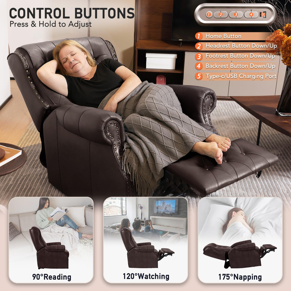 EONIX Dual Motor Lay Flat Power Recliner Chair, Mid Century Wingback Recliner with Independent Adjustable Backrest and Extended Footrest, 400lbs Heavy Duty, Breathable Faux Leather, Dark Brown EONIX