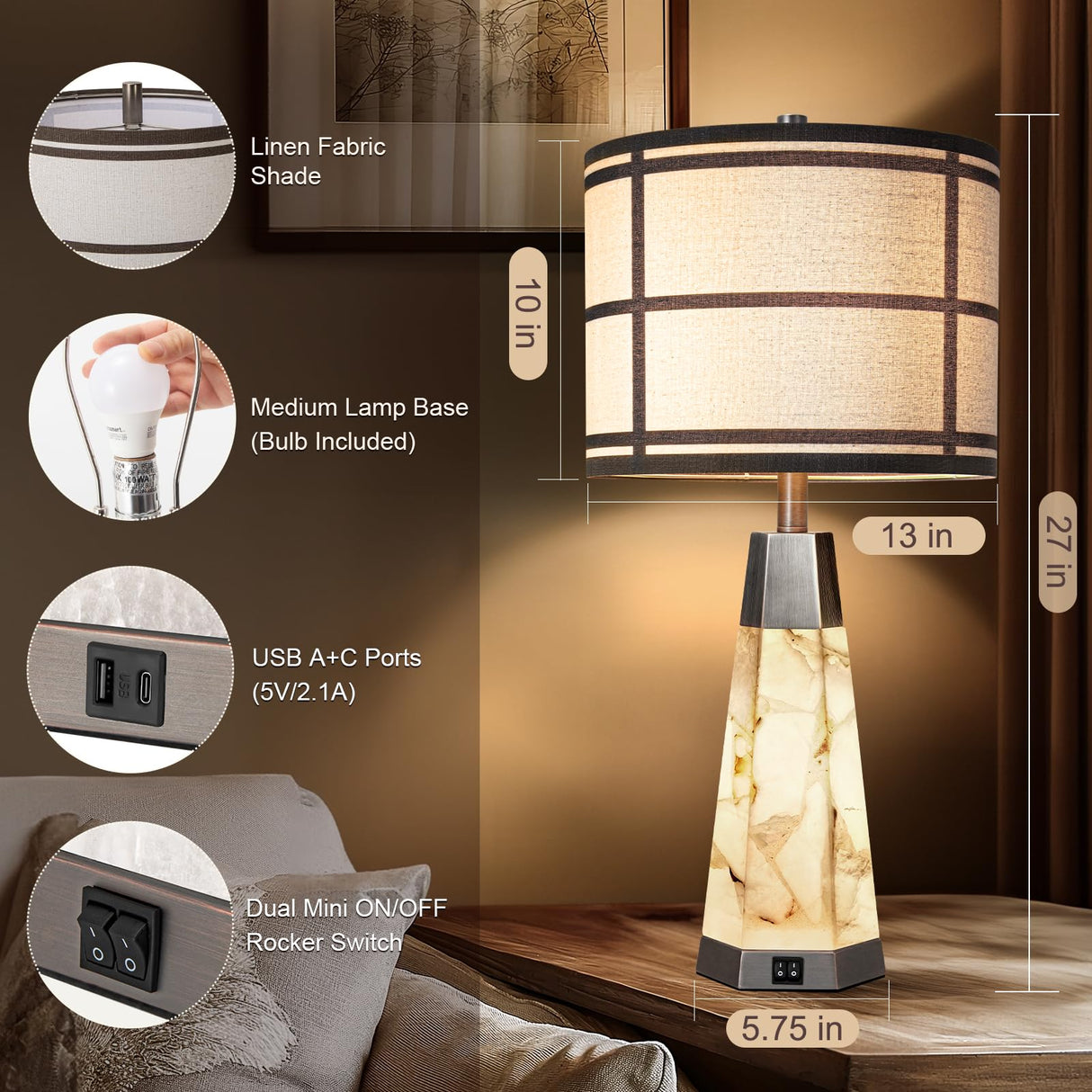 KIVDITZO Natural Alabaster Table Lamps Set of 2 for Living Room Rustic Nightstand Lamp with Night Light for Bedroom Bedside Lamp with A+C USB Ports for Home Office Study Room(Bulbs Included) KIVDITZO