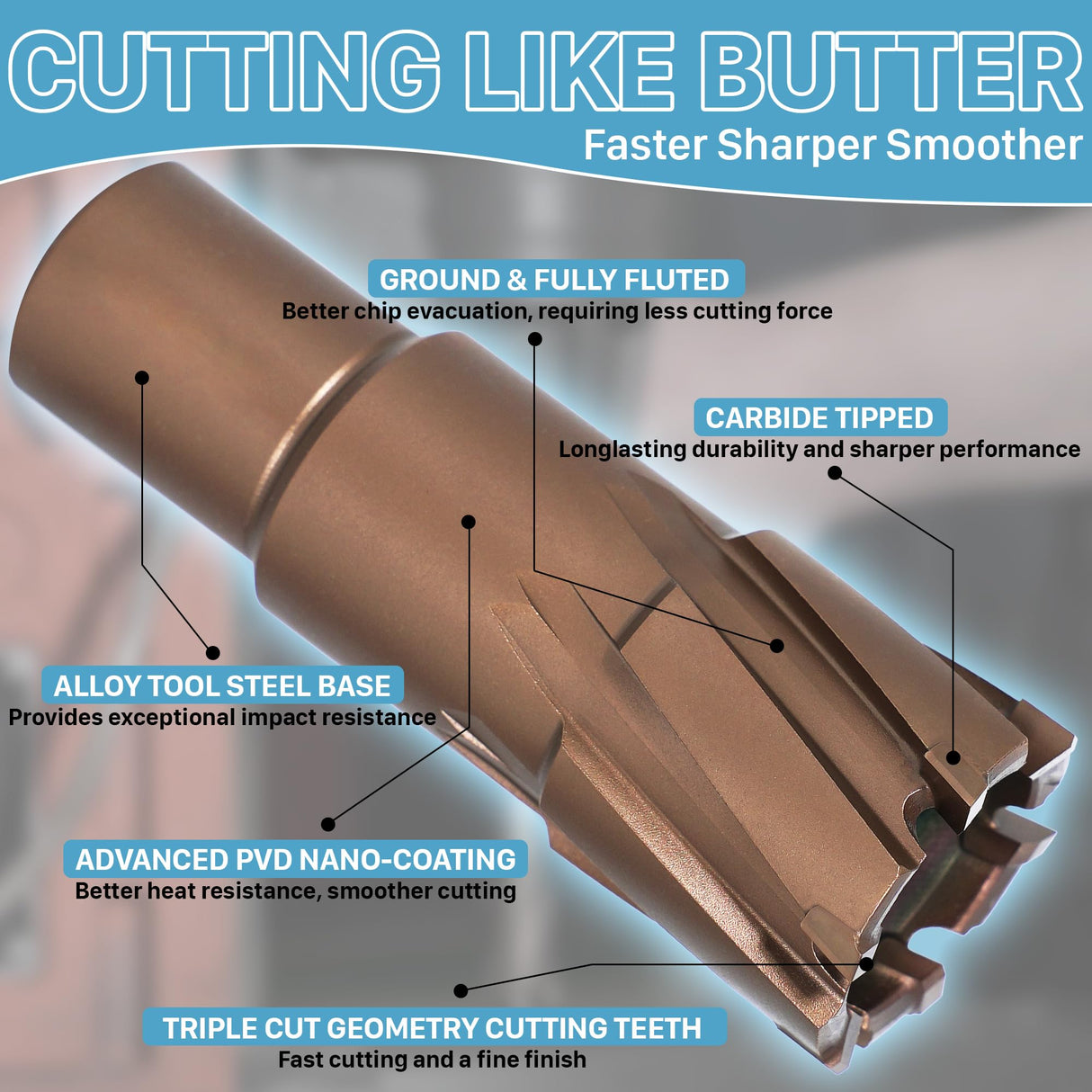 KEENTECH Carbide-Tipped Annular Cutter, 13/16" Dia. x 1-3/8" Depth, 3/4'' Weldon Shank, TCT Mag Drill Bit with Advanced PVD Nano-Coating for Faster, Smoother, Longer-Service Life Cutting Harder Metal KEENTECH