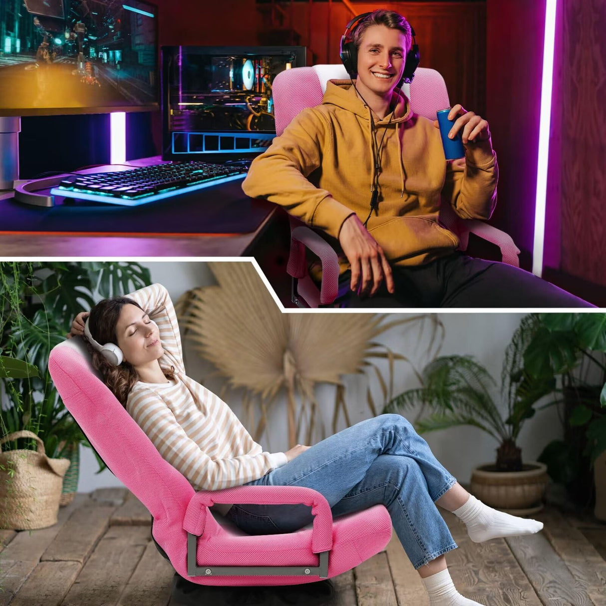 ACIPENSER Swivel Gaming Chair Multipurpose Floor Gaming Chair for Playing Video Games, TV, Reading w/Armrest Lumbar Support & 6 Adjustable Postion Backrest for Adults & Kids,Pink ACIPENSER