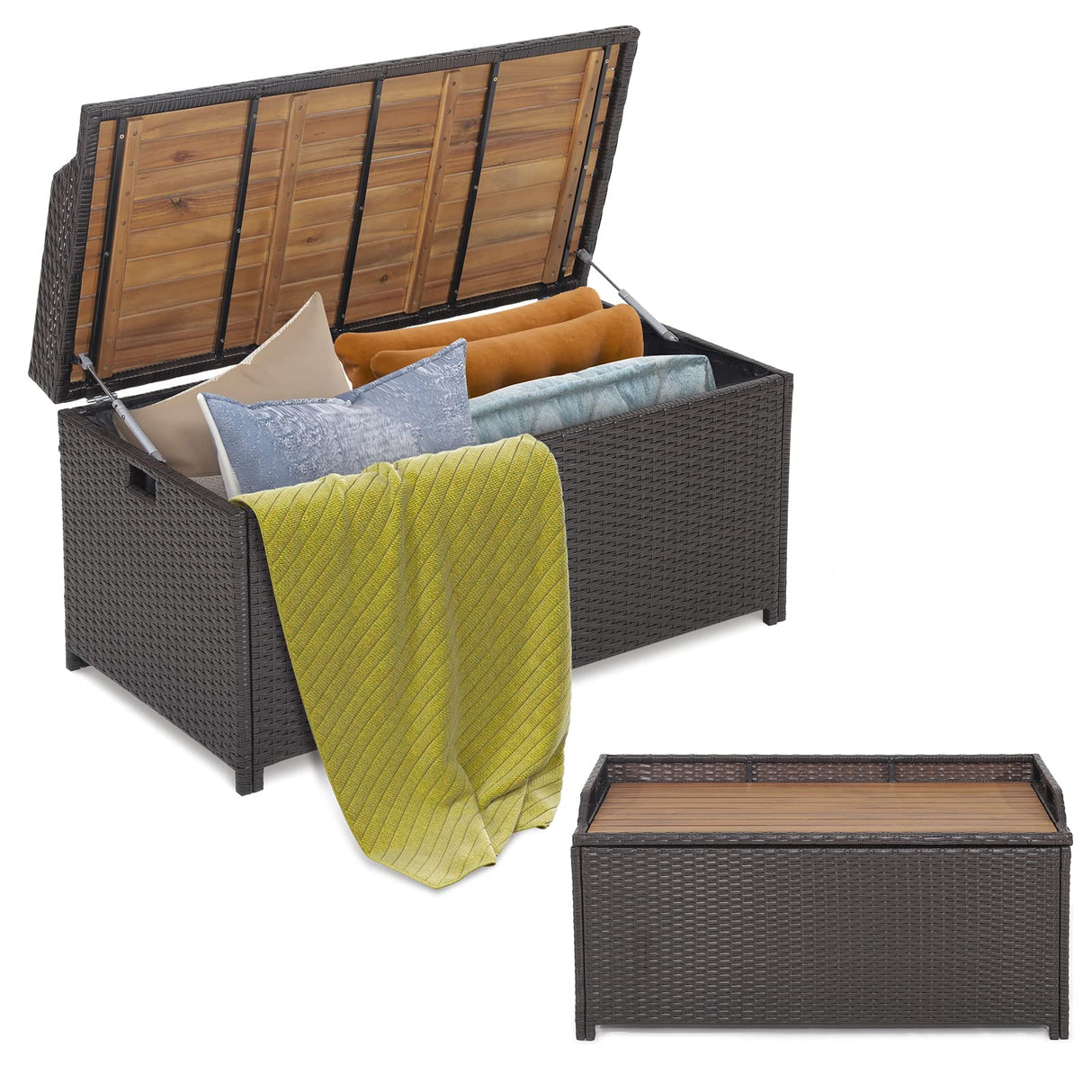 Tangkula 45 Gallon Outdoor Storage Bench, Mix Brown Rattan Storage Container with Zippered Liner, Acacia Wood Top Lid, Sturdy Gas Strut Support, 3-in-1 Multifunctional Deck Box for Front Porch, Garden Tangkula
