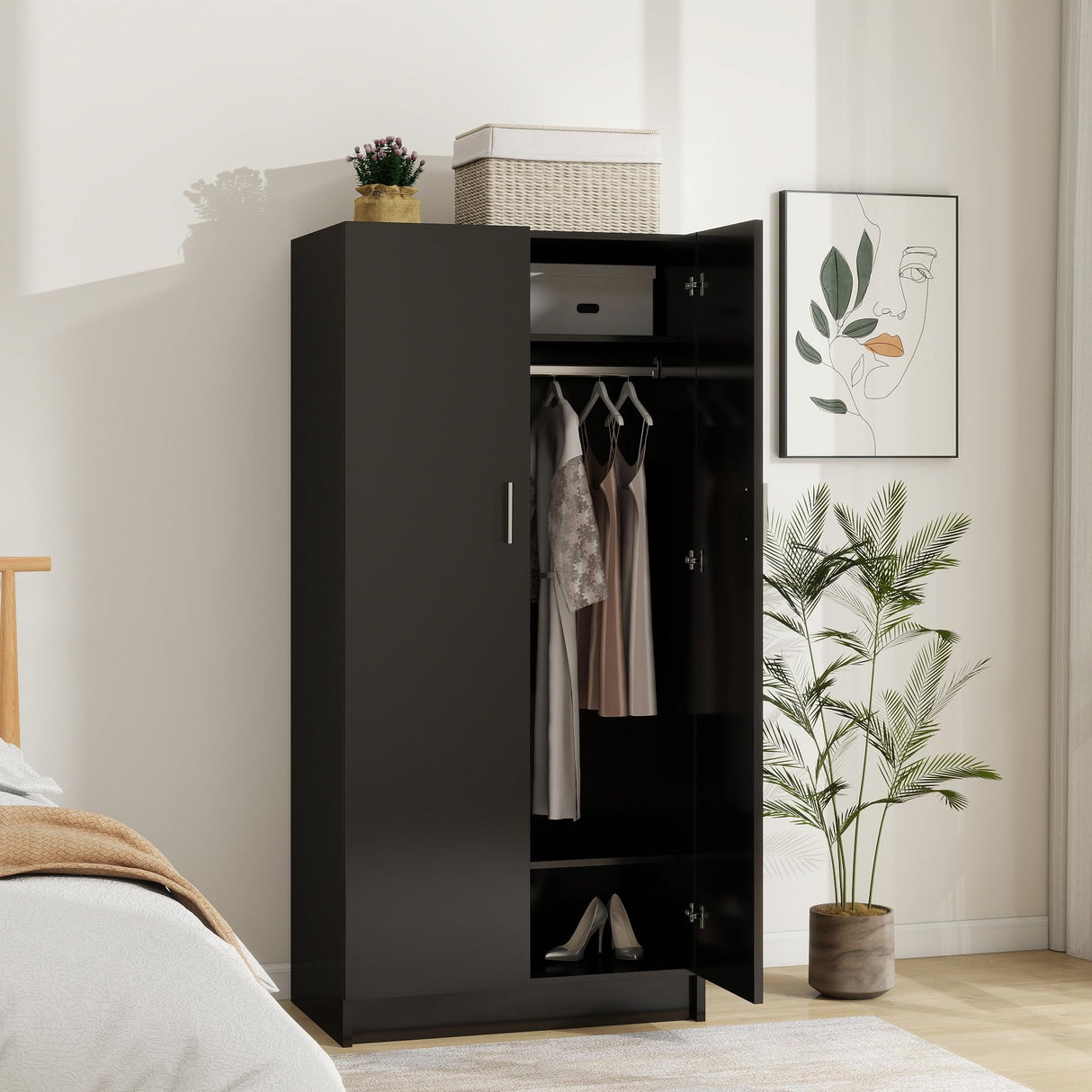 Panana 2 Door Wardrobe Closet Bedroom Armoires with 2 Shelves Storage, Hanging Rail for Bedroom (Black) Panana