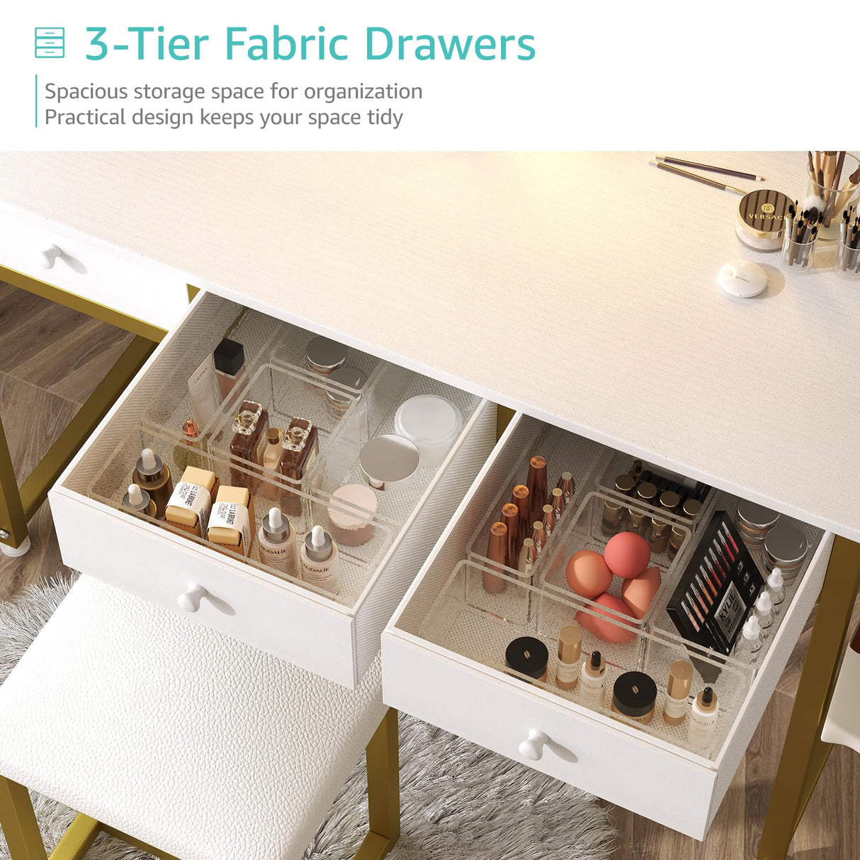 Lufeiya White Makeup Vanity Desk with Mirror and Lights, 40 inch Make Up Vanity Desks with Fabric Drawers & Charging Station, Dressing Table and Chair Set for Bedroom Girls, White Gold Lufeiya