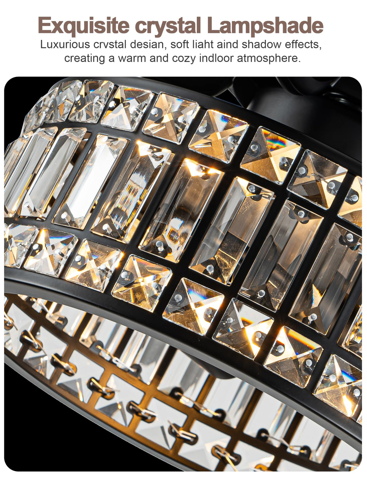 Curve Curio 52 Inch Black Chandelier Fan Crystal Farmhouse Ceiling Fan with Light Quiet and Reversible DC Motor for Living Room Bedroom Patio Curve Curio