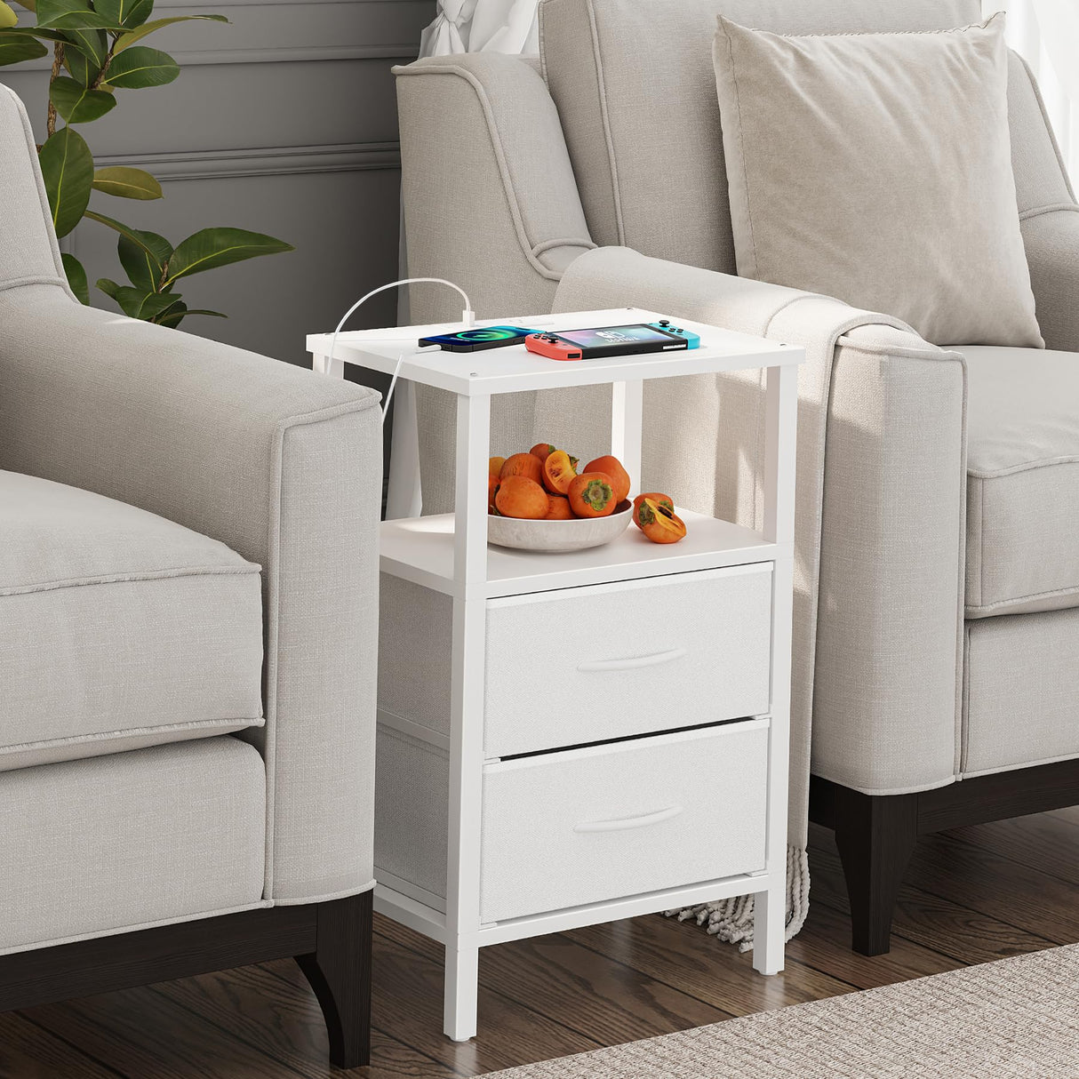 TUTOTAK End Table with Charging Station, Side Table with 2 USB Ports and Outlets, Nightstand with Cloth Drawer, Set of 2, Couch Table, White TB01BW067 TUTOTAK