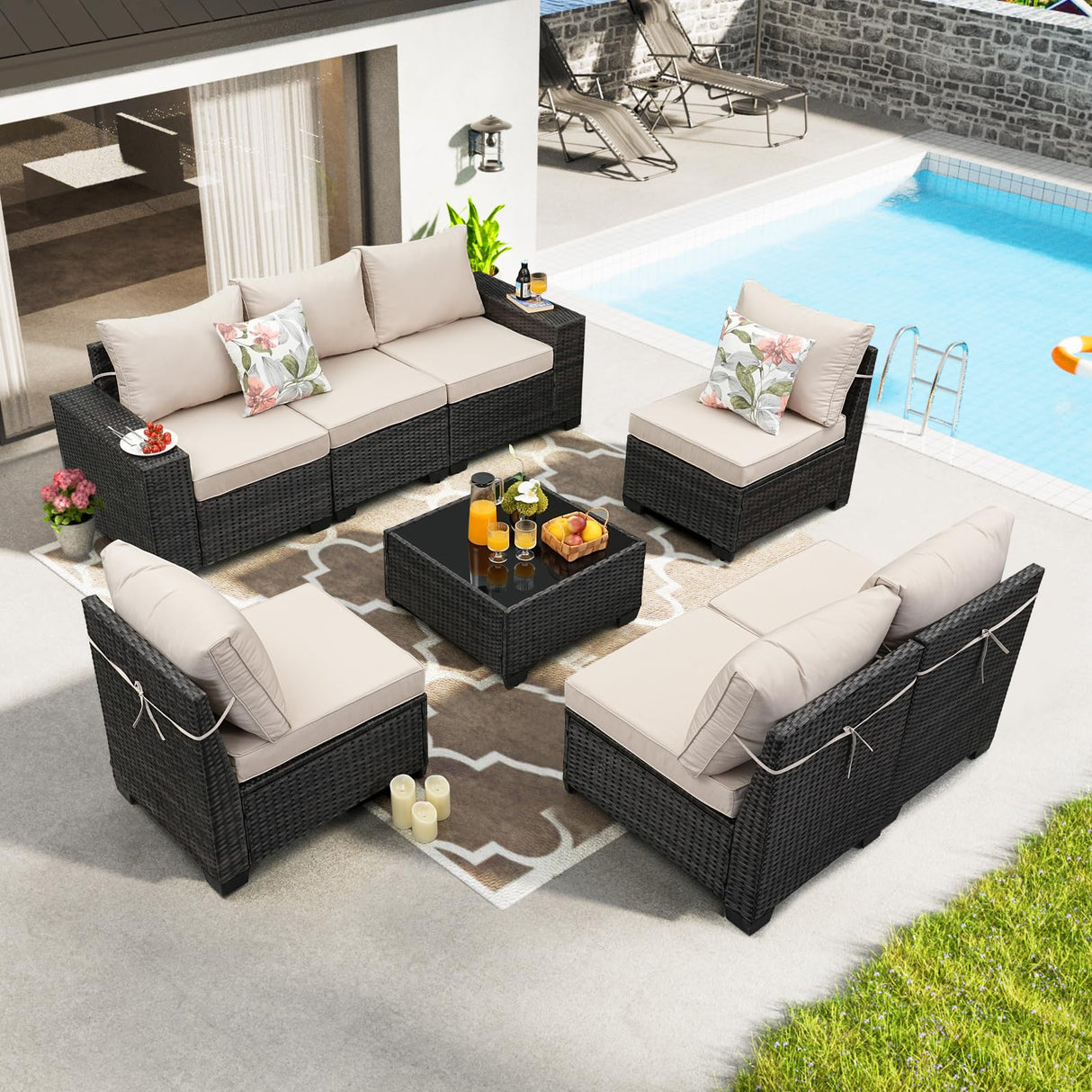 JOYURE 8 Pieces Patio Furniture Set All-Weather Outdoor Wicker Sectional Conversation Sofa Rattan Patio Seating Sofa with Cushion and Glass Table for Porch Poolside,Beige JOYURE