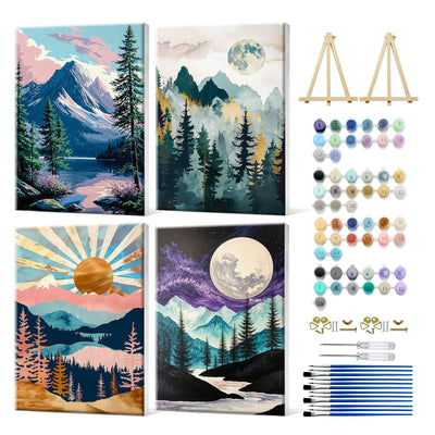 JOOZ 4 Pack Framed Paint by Numbers Kit for Adults, Mountain Sunset Paint by Number with Easel, DIY Moon Lake Adult Paint by Number Kits on Canvas, Landscape Oil Painting Kit for Home Decor 8x12 Inch
