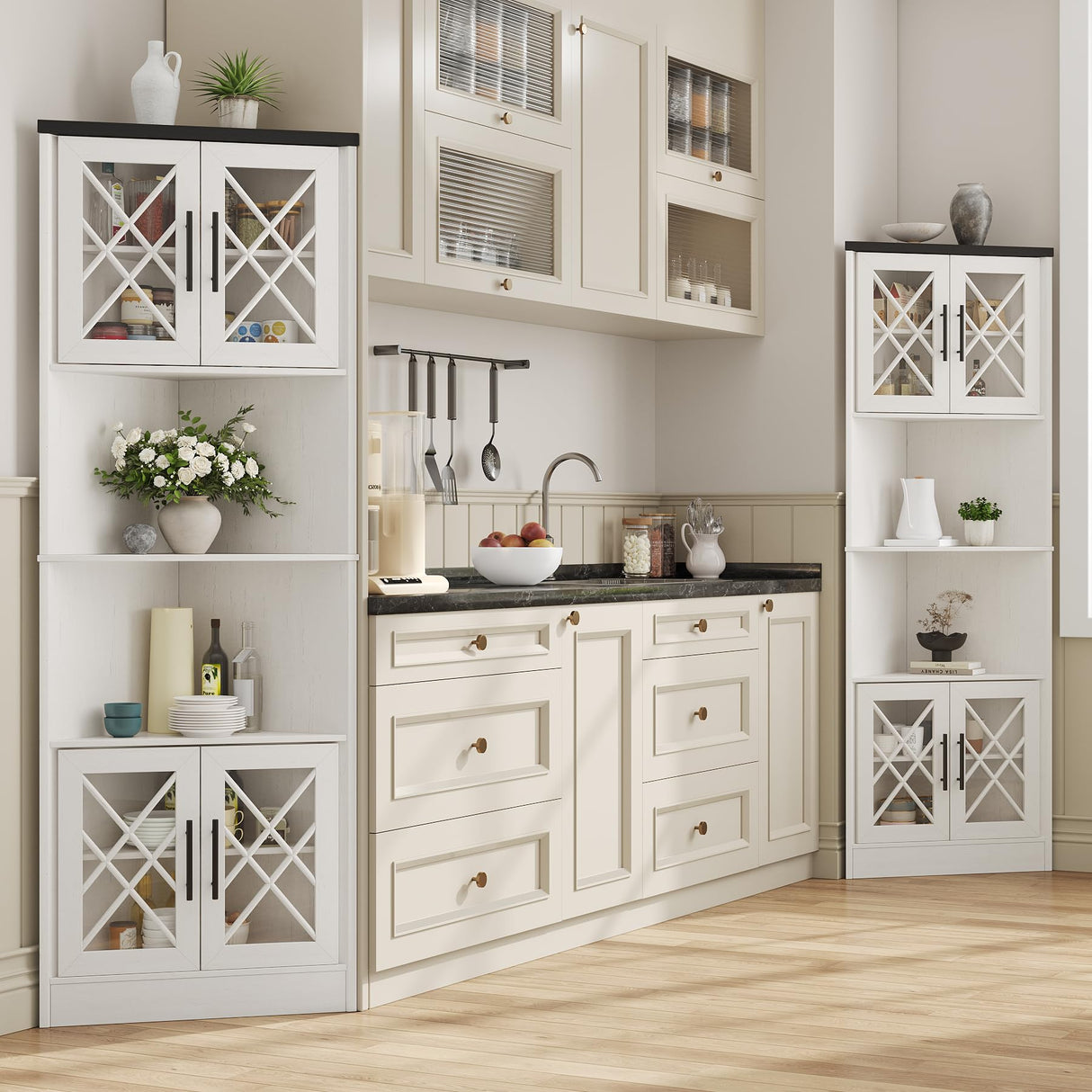 Maupvit White Corner Hutch with 4 Tempered Glass Doors, 67" Tall Farmhouse Corner Storage Cabinet, Kitchen Pantry Hutch with Adjustable Shelf, Home Space Saver for Laundry Room, Dining Living Room Maupvit