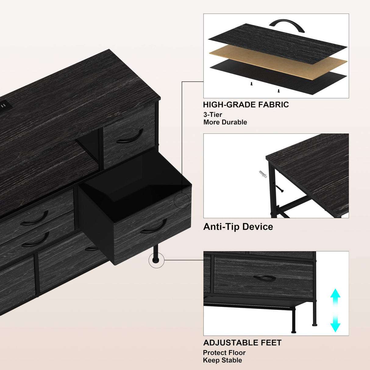 Simoretus Wide Dresser with Charging Station and LED Light for Bedroom 8 Fabric Drawers Chest of Drawers with Power Outlet Storage Open Shelf for Living Room TV Stand Closet Hallway (Charcoal Black) Simoretus