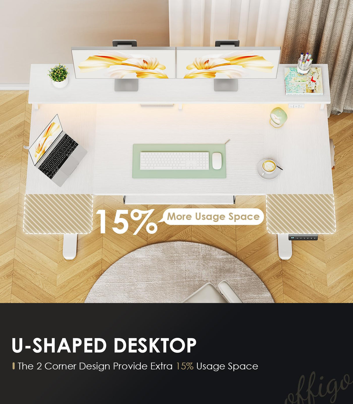 OffiGo U Shaped Electric Standing Desk with Keyboard Tray, 55 Inch Height Adjustable Desk with Power Outlets & LED Lights, Sit Stand Table with Monitor Stand for Home, Office, White OffiGo