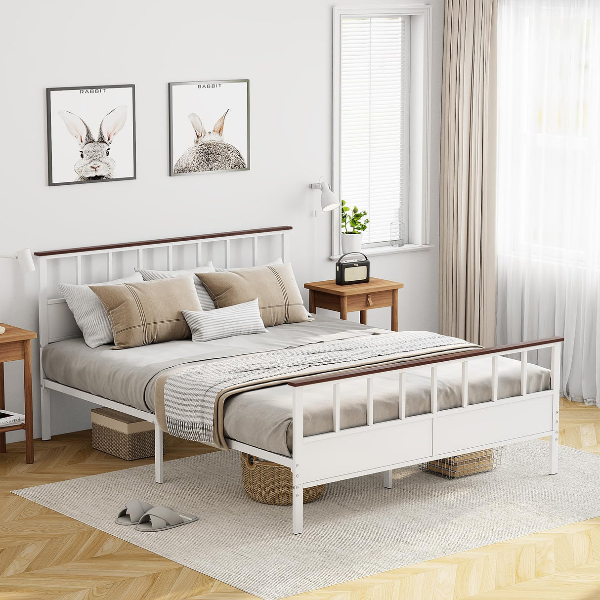 VOPEAK Farmhouse Full Size Bed Frame with Headboard and Footboard, Metal Bed Frame, Wood Platform Bed Frame Full Size with Under Bed Storage, Strong Metal Slats Support, No Box Spring Needed, Full VOPEAK