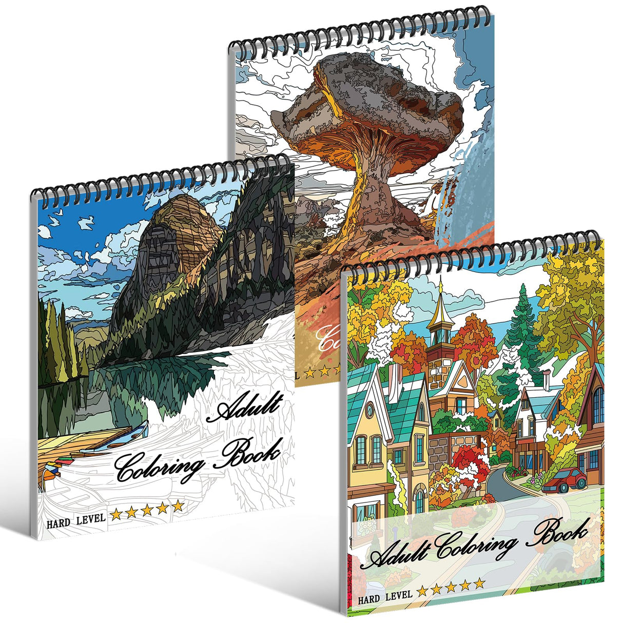 Kalysky Landscapes Adult Coloring Book Set of 3 – Complex Nature Landscapes & Iconic Architecture | Desert, Ocean Forests, Modern Wonders | Coloring Books for Adults Relaxation (8.25” x 11”) Kalysky