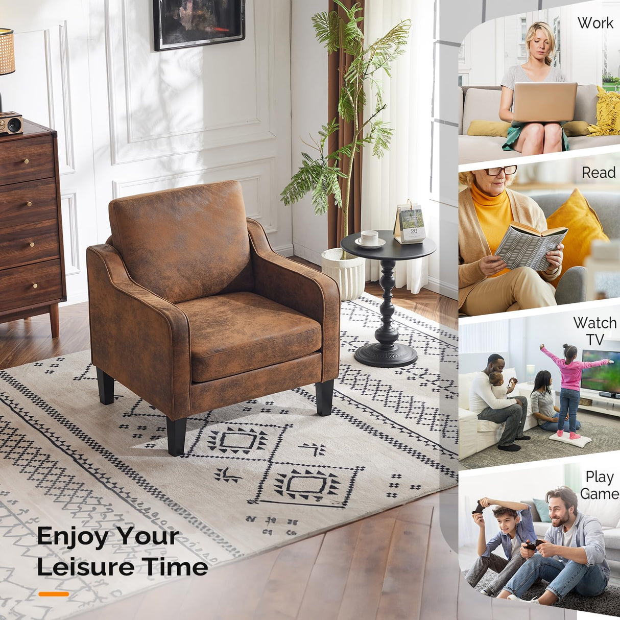 VINGLI Accent Chair for Living Room Chairs Rustic Reading Chair for Bedroom Scooped Arm Chair Mid Century Modern Accent Chairs Upholstered Comfy Chair for Apartment, Waiting Room VINGLI