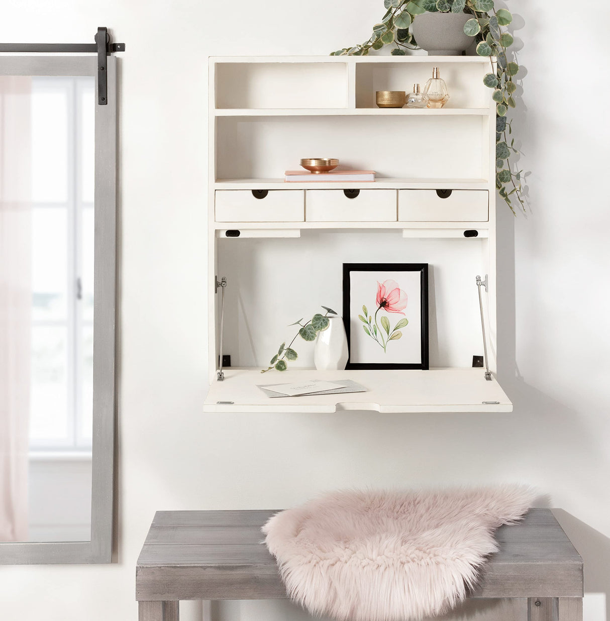 Kate and Laurel Georgie Rustic Wood Floating Transitional Computer Desk for Home Office with Folding Design, 26x6x30, White Kate and Laurel