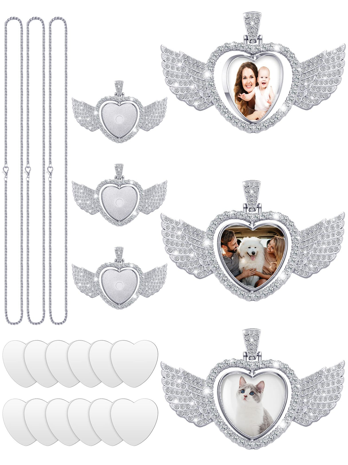 Junkin 24 Pcs Sublimation Rhinestone Trays Pendant Set, Including 6 Double Sided Blank Rhinestone Bezel Trays, 6 Pcs Thick Chains with 12 Sublimation Discs for Making (White) Junkin