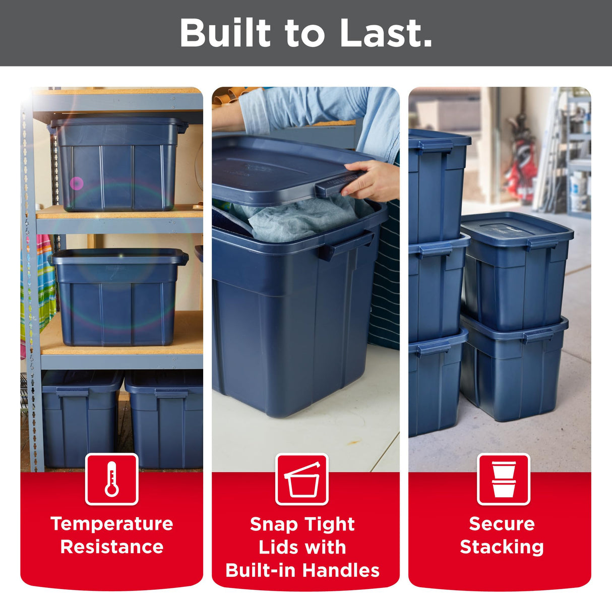 Rubbermaid Roughneck Tote 18 Gal, 6 Pack, Made in USA, Dark Indigo Metallic, Rugged Plastic Stackable Storage Bins with Lids and Handles Rubbermaid