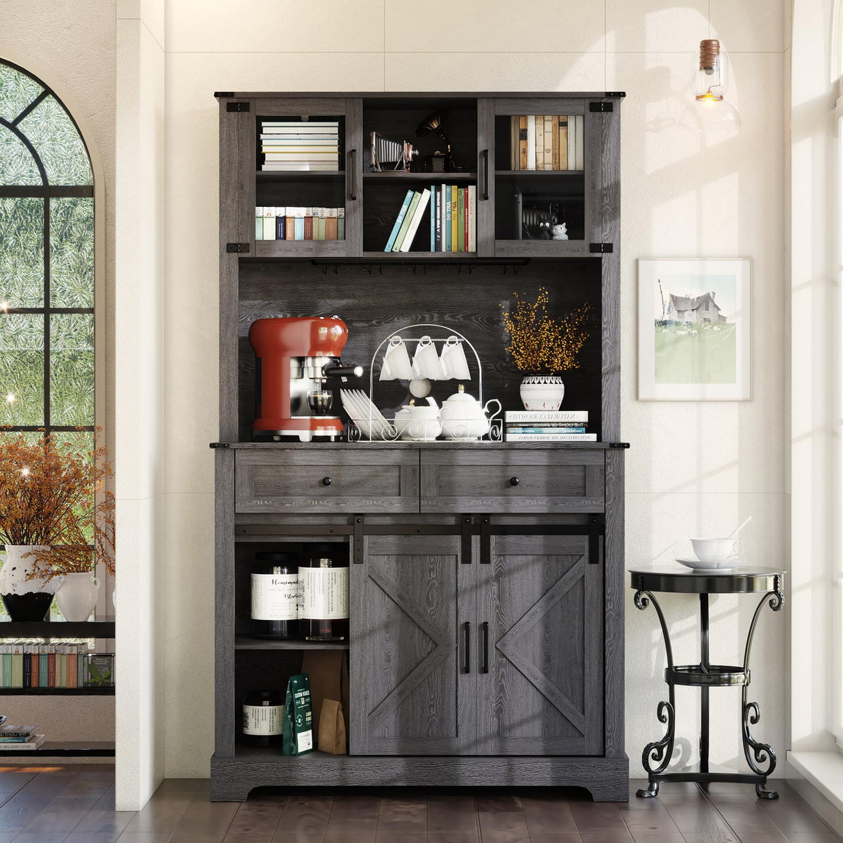 ARTPOWER Wine Bar Cabinet with Sliding Barn Door, 72" Hutch Cabinet with Wine&Glasses Rack, Tall Farmhouse Kitchen Pantry Buffet with Drawers for Dining Room, Gray ARTPOWER