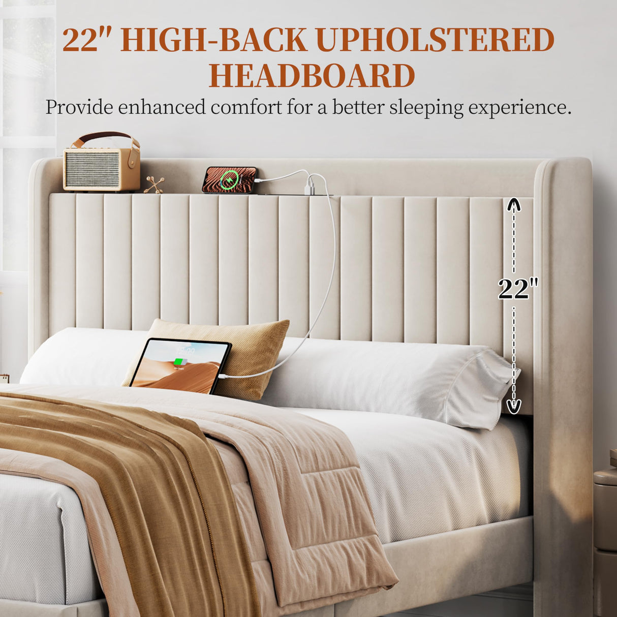 Yaheetech Queen Bed Frame with Headboard, Upholstered Headboard with Charing Station and Storage Shelf, Platform Bed Frame, No Box Spring Needed, Easy Assembly, Beige Yaheetech