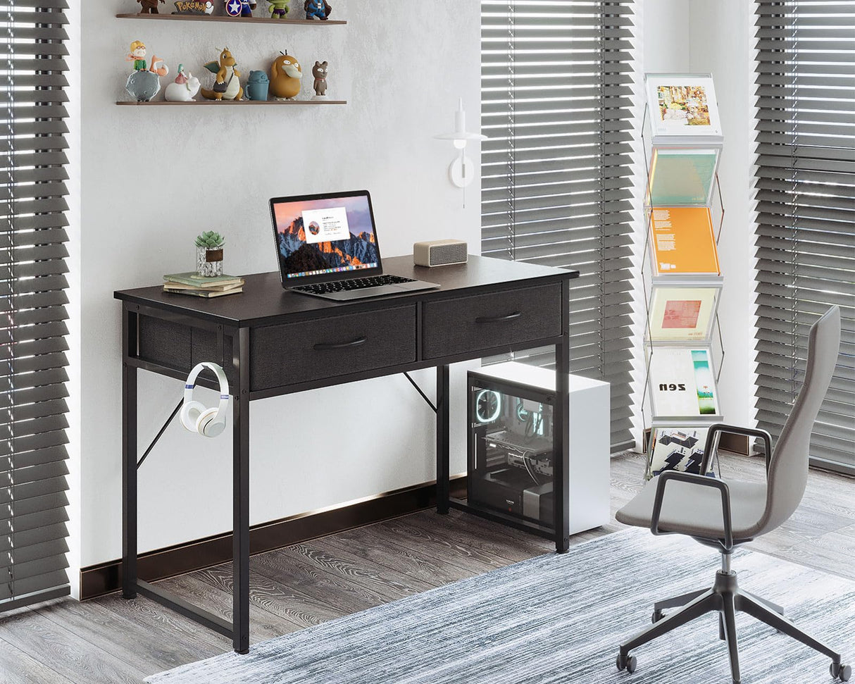 ODK 40 Inch Small Desk with Fabric Drawers- for Bedroom, Black Study Desk with Storage, Home Office Computer Desk for Small Spaces, Modern Work Writing Kids Table, Black ODK