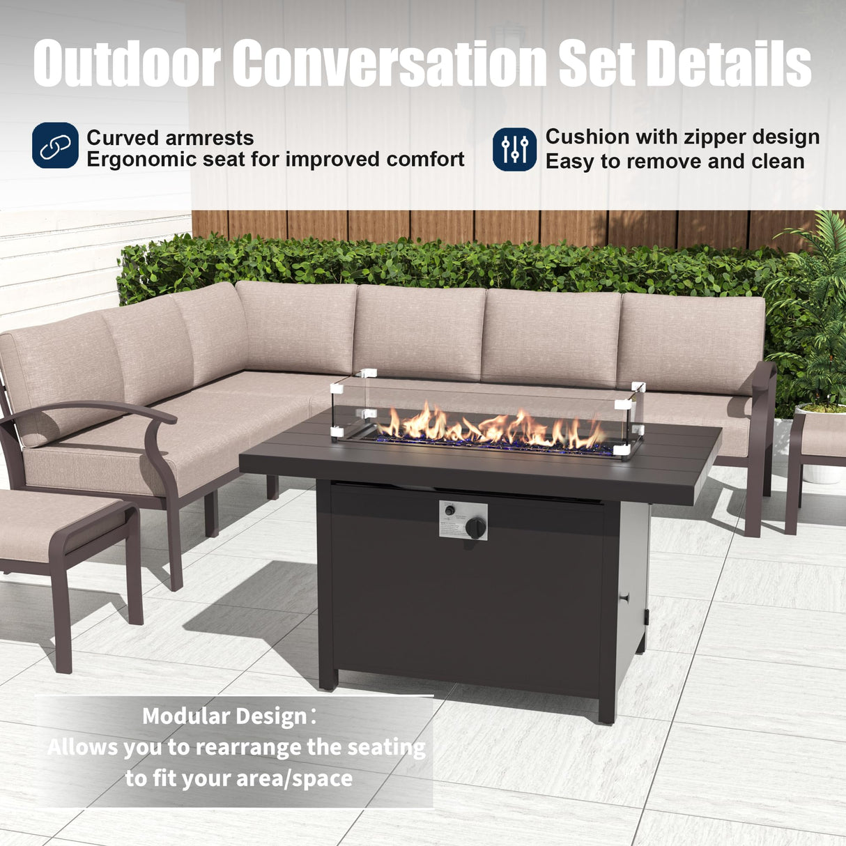 Kurapika Patio Furniture Set 10-Piece Aluminum Sectional Sofa with Armrest, Modern Outdoor Conversation Set w/55000 BTU Propane Fire Pit Table, Metal Corner Sofa with Ottoman, Sand Kurapika