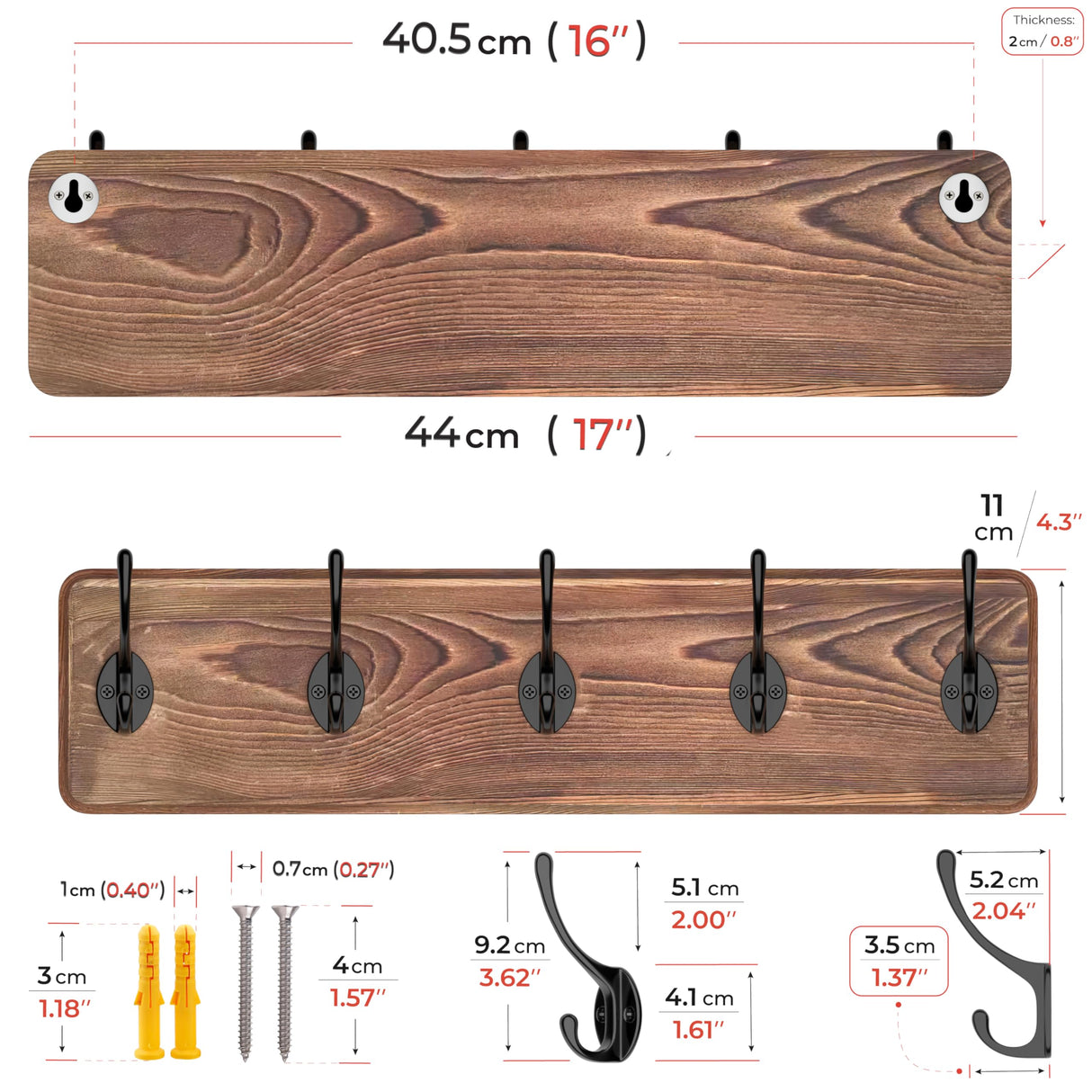 Rustic Coat Rack Wall Mount – 17 Inch Solid Pine Wood Wall Mounted Coat Rack with 5 Hooks – Distressed Finish, 16 Inch Hole Distance – Heavy Duty Wall Hook Rack for Entryway, Hallway, Bathroom SAYONEYES