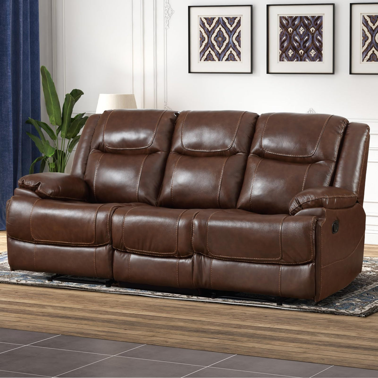 EBELLO Genuine Leather Manual Reclining Sofa, 3 Seat Recliner Sofa, Couch for Living Room, Bedroom Furniture, Meeting Room, Brown (3 Seat Sofa) EBELLO