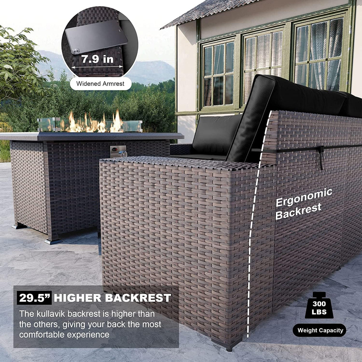 Kullavik 13 Pieces Outdoor Patio Furniture Set with 43" 55000BTU Gas Propane Fire Pit Table PE Wicker Rattan Sectional Sofa Patio Conversation Sets,Black Kullavik
