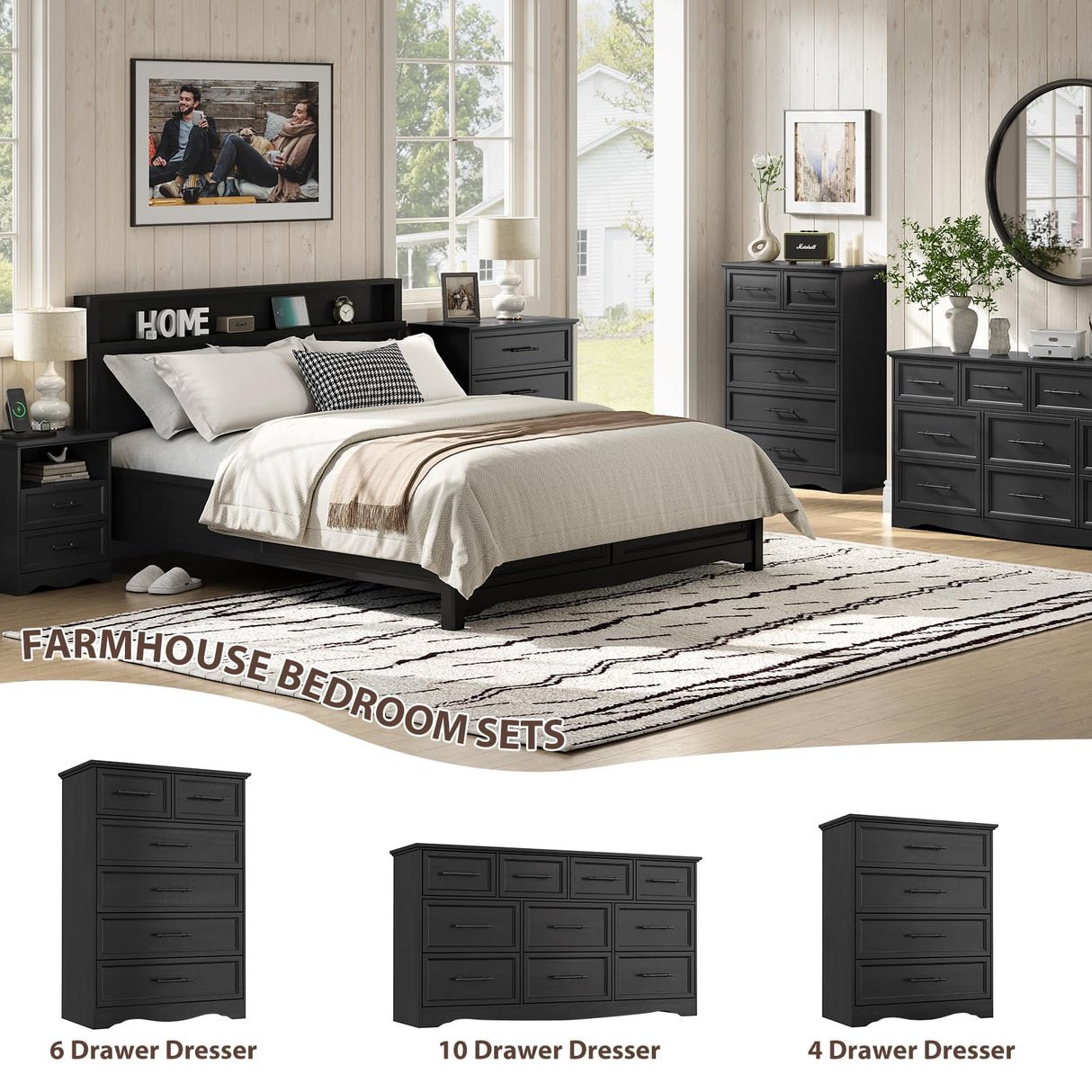Black Dresser for Bedroom, Farmhouse 36" Tall 4 Drawer Chest with Sleek Brushed Metal Handles, Modern Wood Storage Cabinet with Unique Base Design, Closet Organizer for Bedroom, Living Room, Hallway YANSNWO