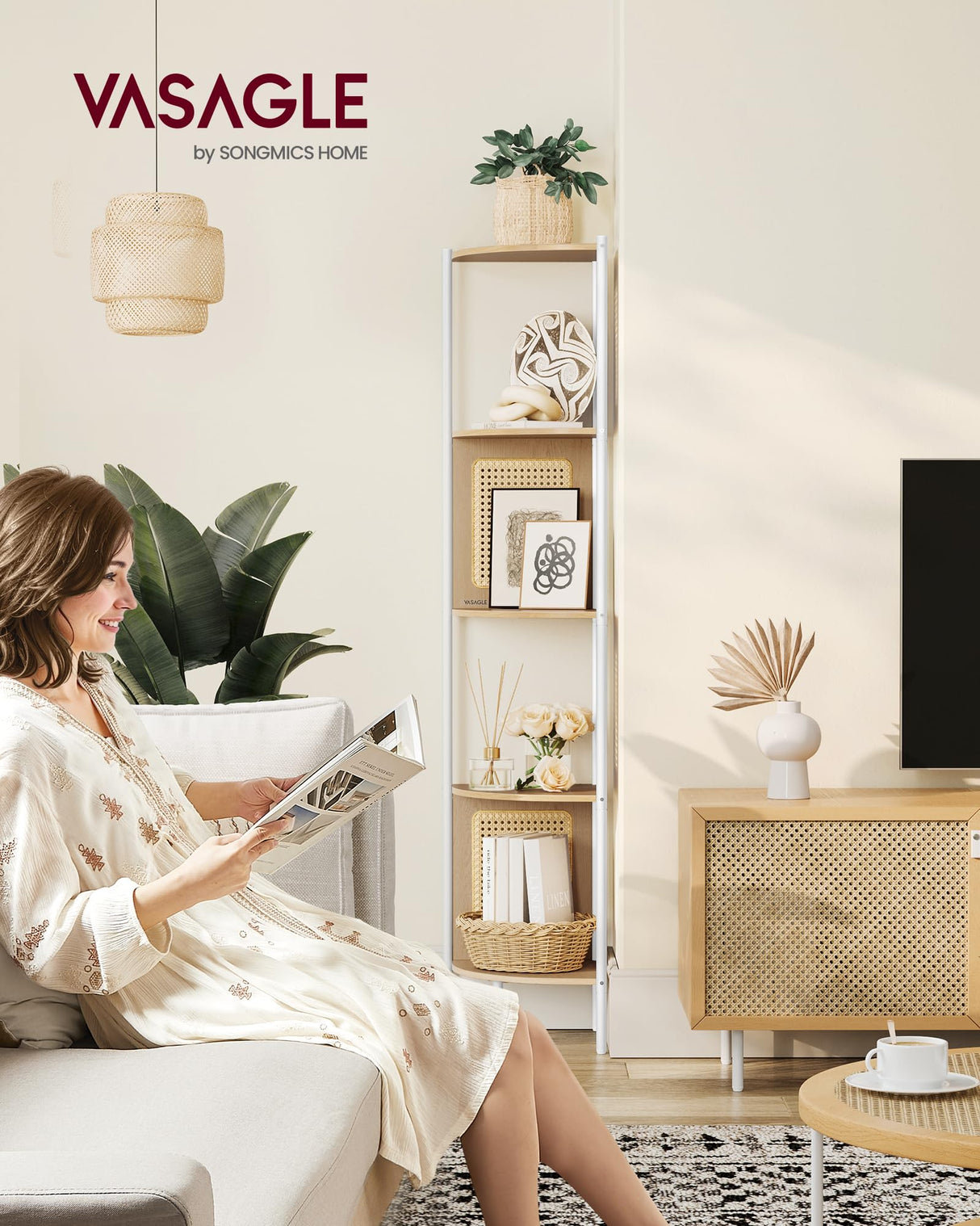 VASAGLE 5-Tier Corner Shelf Stand, Boho Corner Bookshelf with Polyrattan Sides, Plant Stand for Living Room Bedroom Study Kitchen, Oak Beige ULLS588Y57 VASAGLE