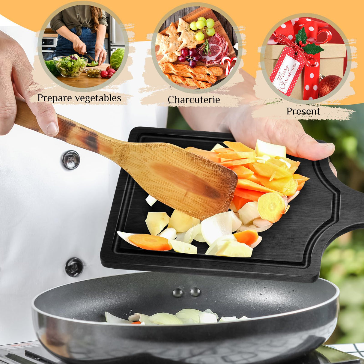 Geetery 3 Packs 12 Inch Black Wood Chopping Boards with Handle and Deep Juice Groove Small Bamboo Wooden Pizza Paddle Serving Boards Tray Charcuterie Geetery