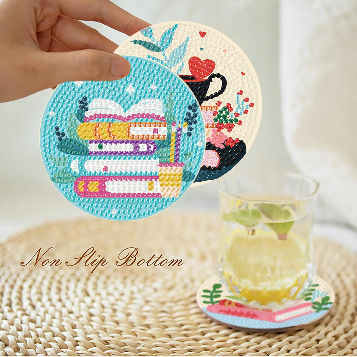 8 Pcs Book Diamond Art Coasters Kit for Adults, Book Lovers Wooden Coffee Diamond Painting Coasters with Holder, 5D Gem Art Dots Painting Coaster With Cork Pads - Crafts Supplies for Home Decor Fotasmua