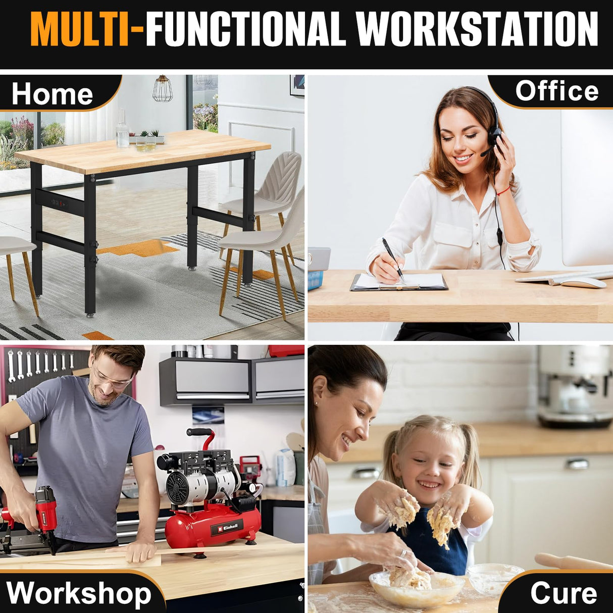 47.5" Adjustable Workbench, Rubber Wood Top Workbench with Power Outlet, Portable Heavy-Duty Work Bench for Garage, Workshop, Office, Home - 2000 lbs Capacity BMJX US