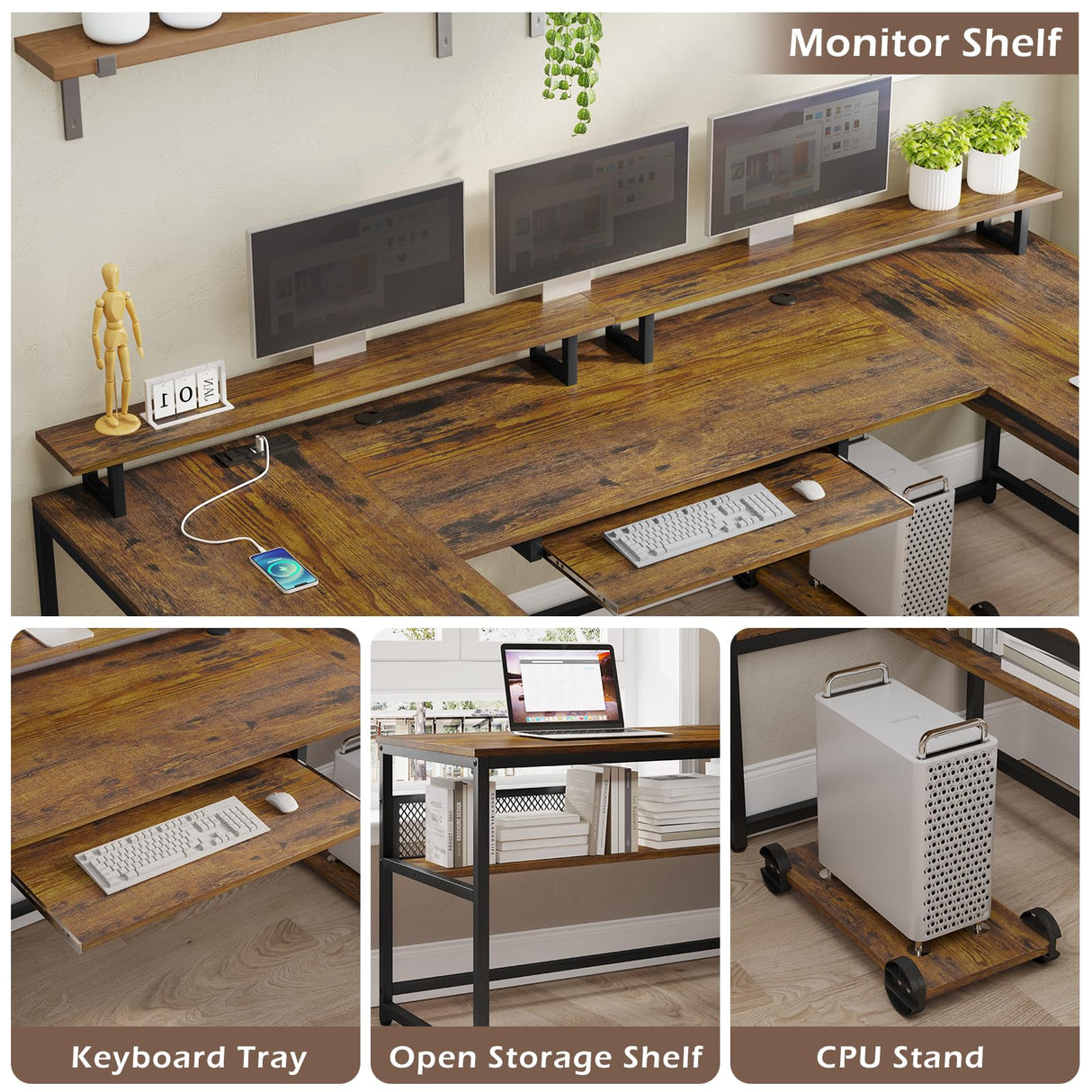 SEDETA U Shaped Desk, Reversible L Shaped Home Office Desk with File Drawer & Power Outlet, 101.5'' Computer Two Person Desk with Monitor Shelf, Keyboard Tray, Gaming Desk, Rustic Brown SEDETA