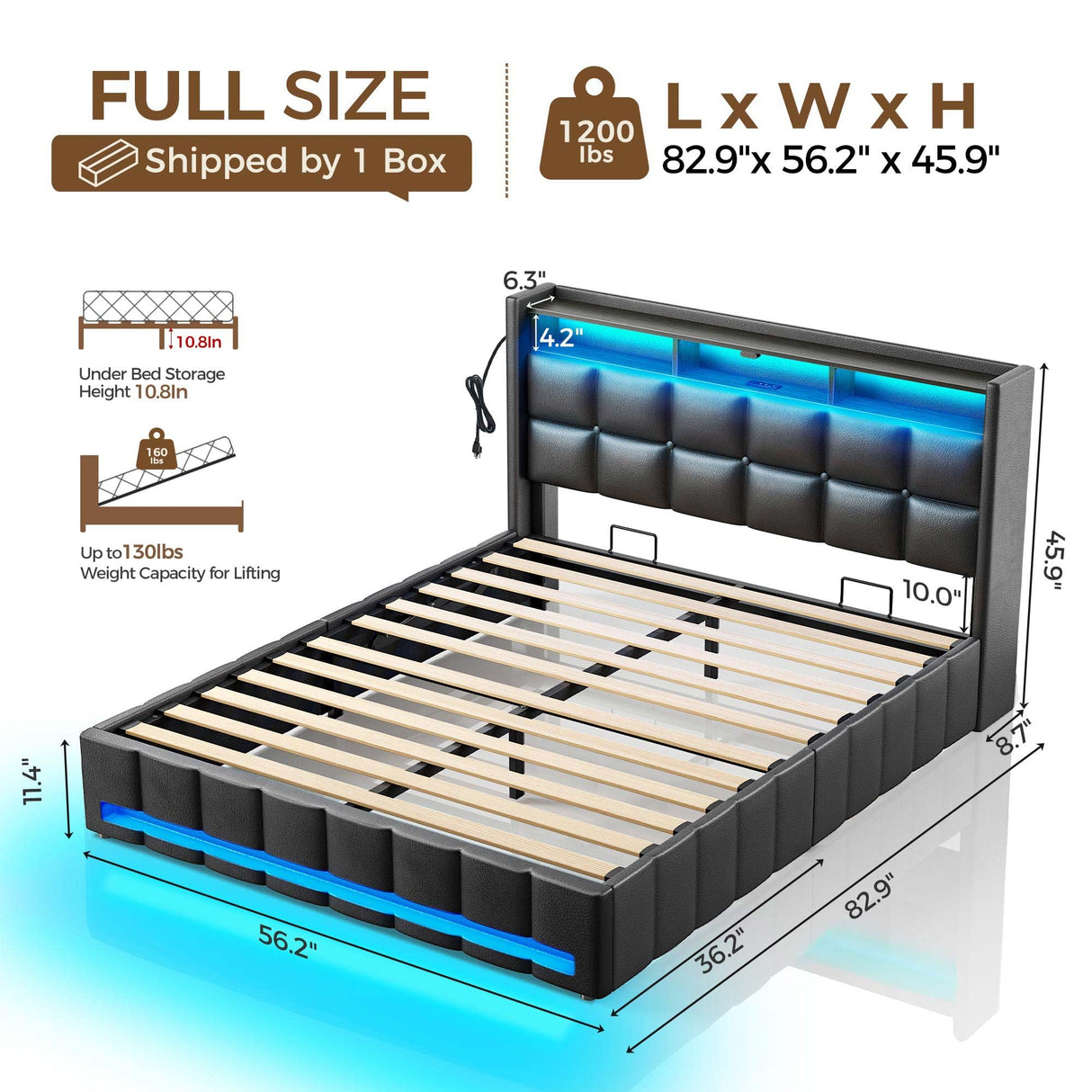 Rolanstar Bed Frame Full Size with Lift Up Storage, Charging Station & LED Lights, Upholstered Storage Headboard, Heavy Duty Wooden Slats, No Box Spring Needed, Noise Free, Easy Assembly, Black Rolanstar