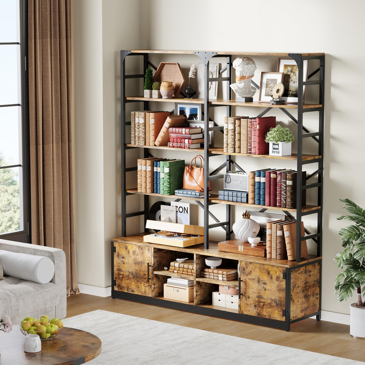 IRONCK Bookshelves 6 Tiers 73.1 inch Tall Industrial Bookshelf with Doors, Bookcase and Display Shelf, Open Storage Cabinet for Living Room, Home Office IRONCK