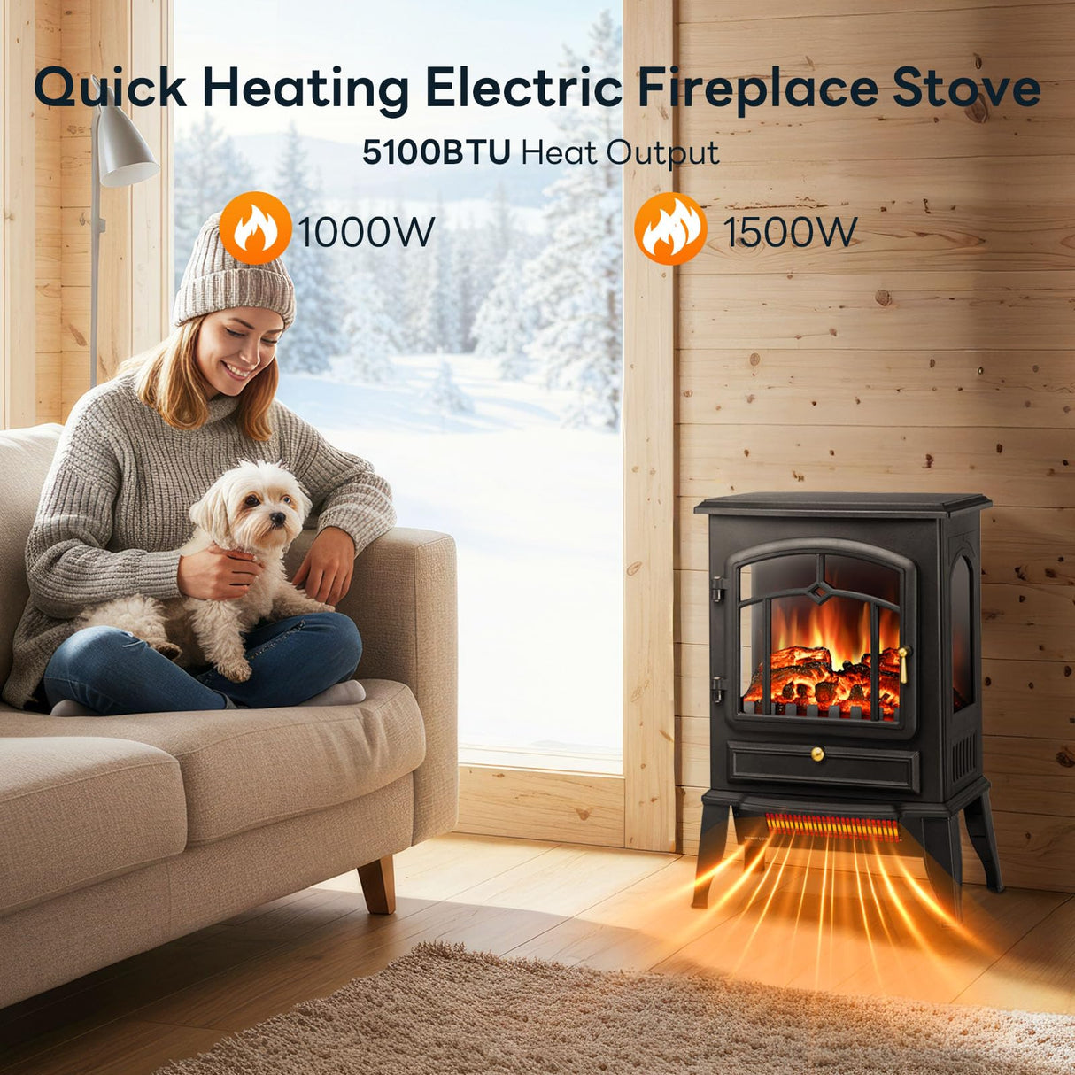 ZAFRO Electric Fireplace Stove, 5100 BTU Quick Heating Electric Fireplace Heater with Adjustable Flame Brightness, 1000W/1500W Thermostat, for Living Room, Bedroom ZAFRO