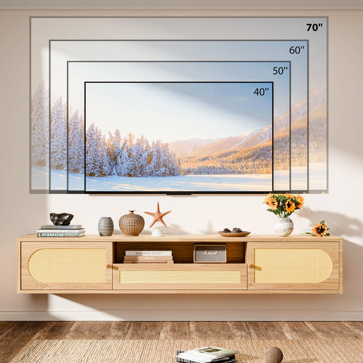 VINGLI 58" Rattan Floating TV Stand, Wall Mounted Entertainment Center with Storage and Drawer, Media Console with Storage Cabinet Shelf Under TV for Living Room, Natural Oak VINGLI