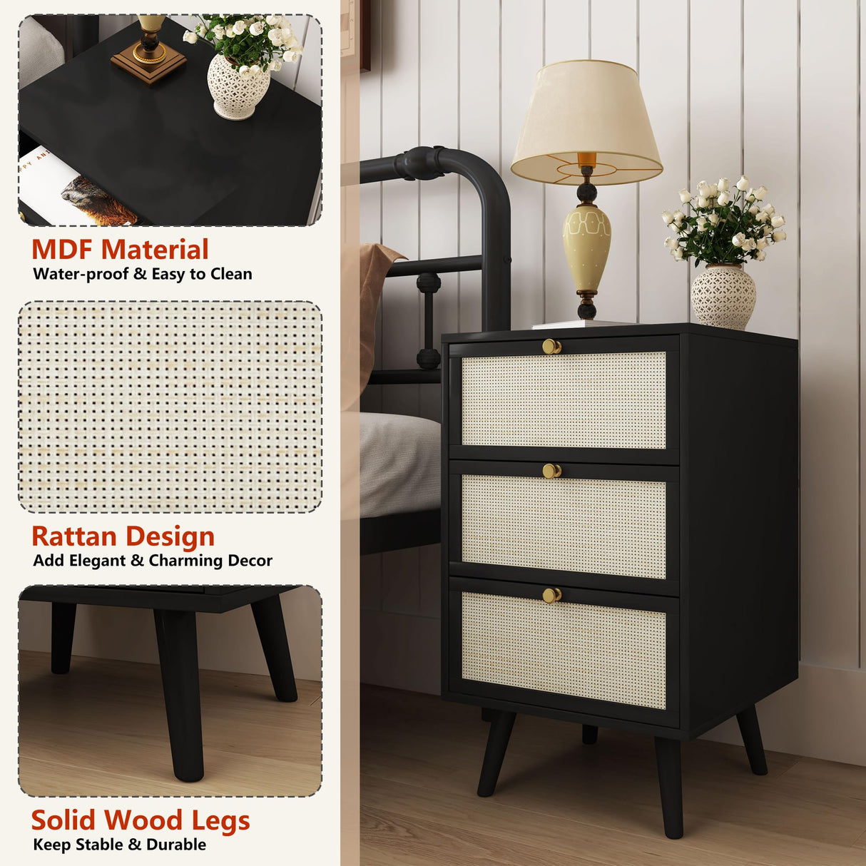 PHOYAL Rattan Nightstand Set of 2, End Table Rattan Bedside Table with Storage 3-Drawer Side Table with 3 Hand Made Rattan Decorated Drawers Wood Accent Table, Black 2 Pack PHOYAL