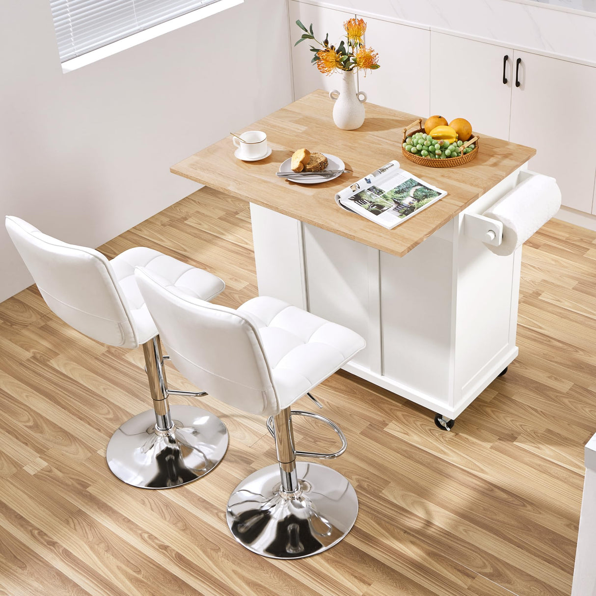 Yaheetech Rolling Kitchen Island Cart with Drop Leaf, Portable Rubberwood Breakfast Bar with Storage Cabinet, Open Shelves & Detachable Towel, 2 Drawers, White Yaheetech