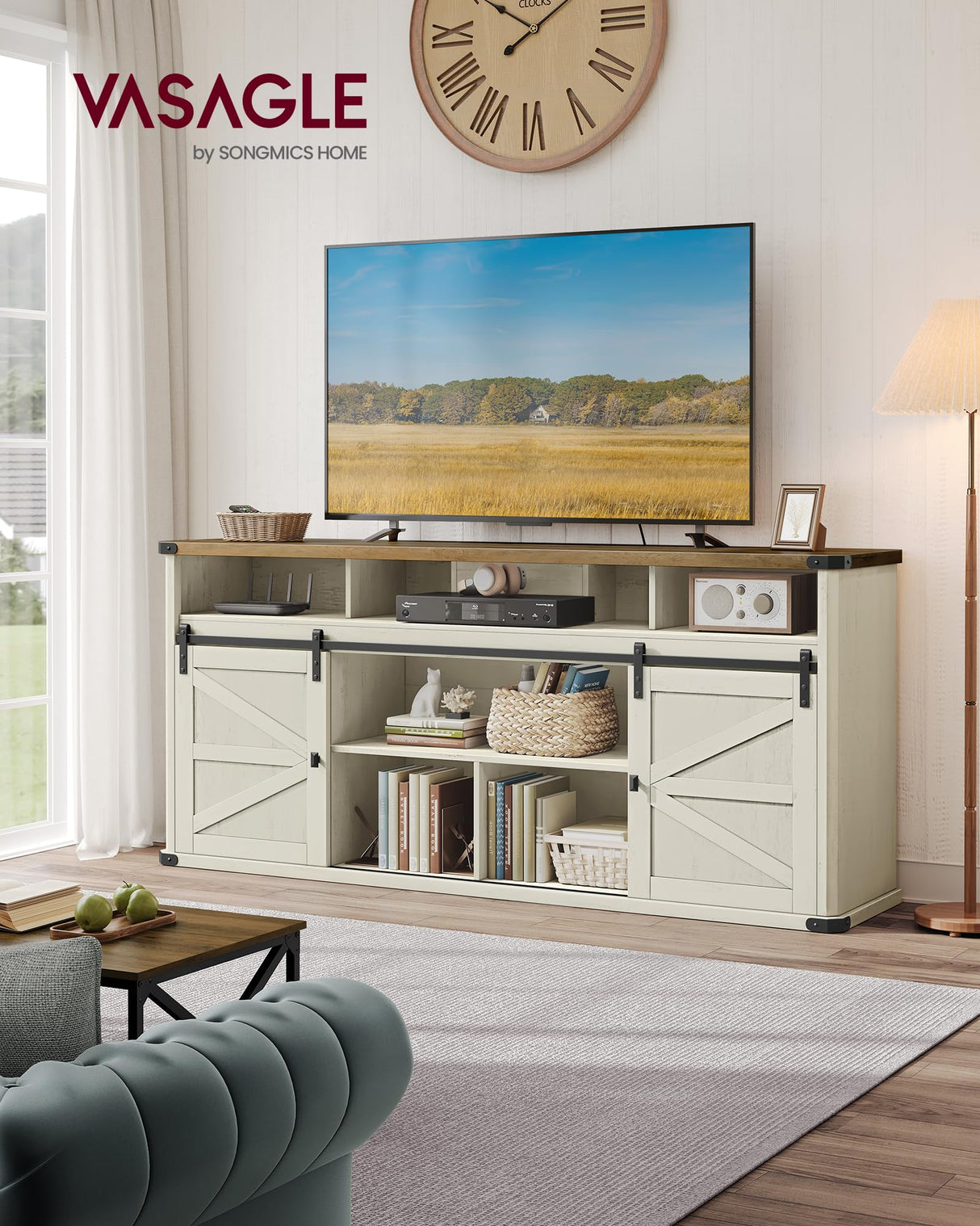 VASAGLE TV Stand for TVs up to 75 Inches, Farmhouse Entertainment Center with Sliding Barn Doors, TV Console Table for Living Room, Rustic White and Honey Brown ULTV323W02 VASAGLE