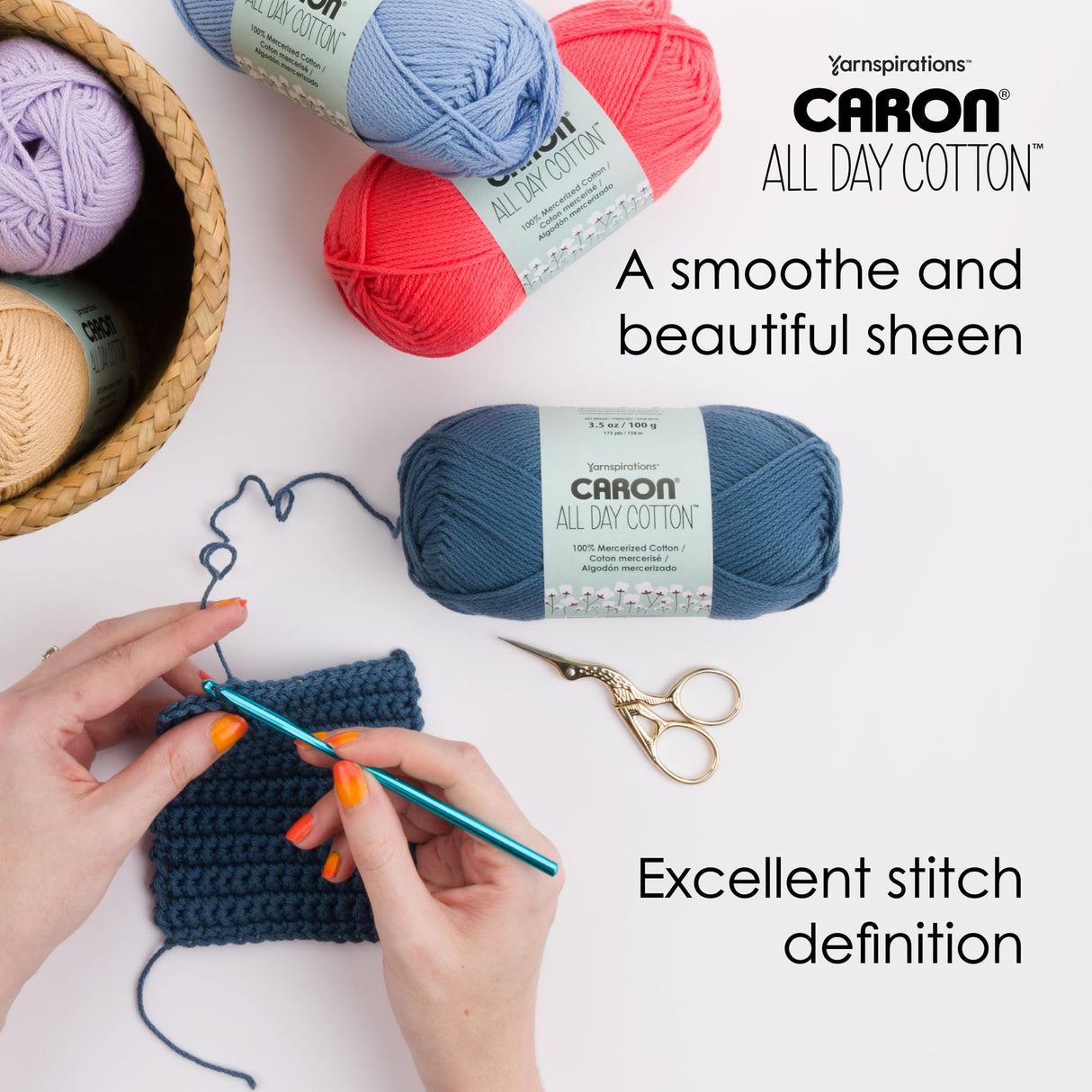 Caron All Day Cotton - 3 Pack of 173 Yards/3.52 oz Eyes Blue 100% Mercerized Cotton Yarn Caron
