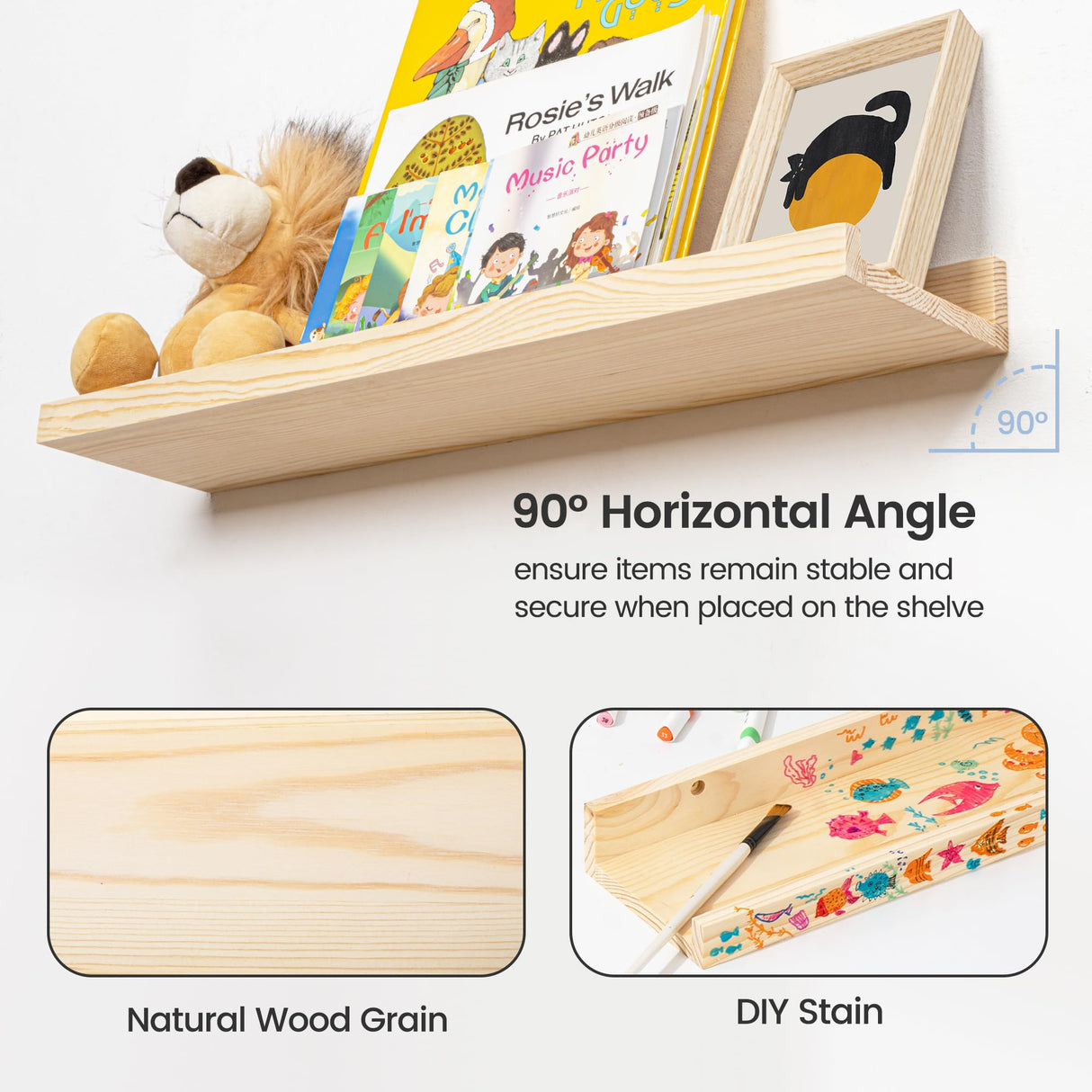Picture Ledge Shelf, Floating Shelves Set of 2, Solid Pine Wood 72'' Long Large Nursery Book Shelves for Toys Storage, Kids Bookshelf for Living Room Bedroom Decor Books Photo Frames, Natural FLYJOE