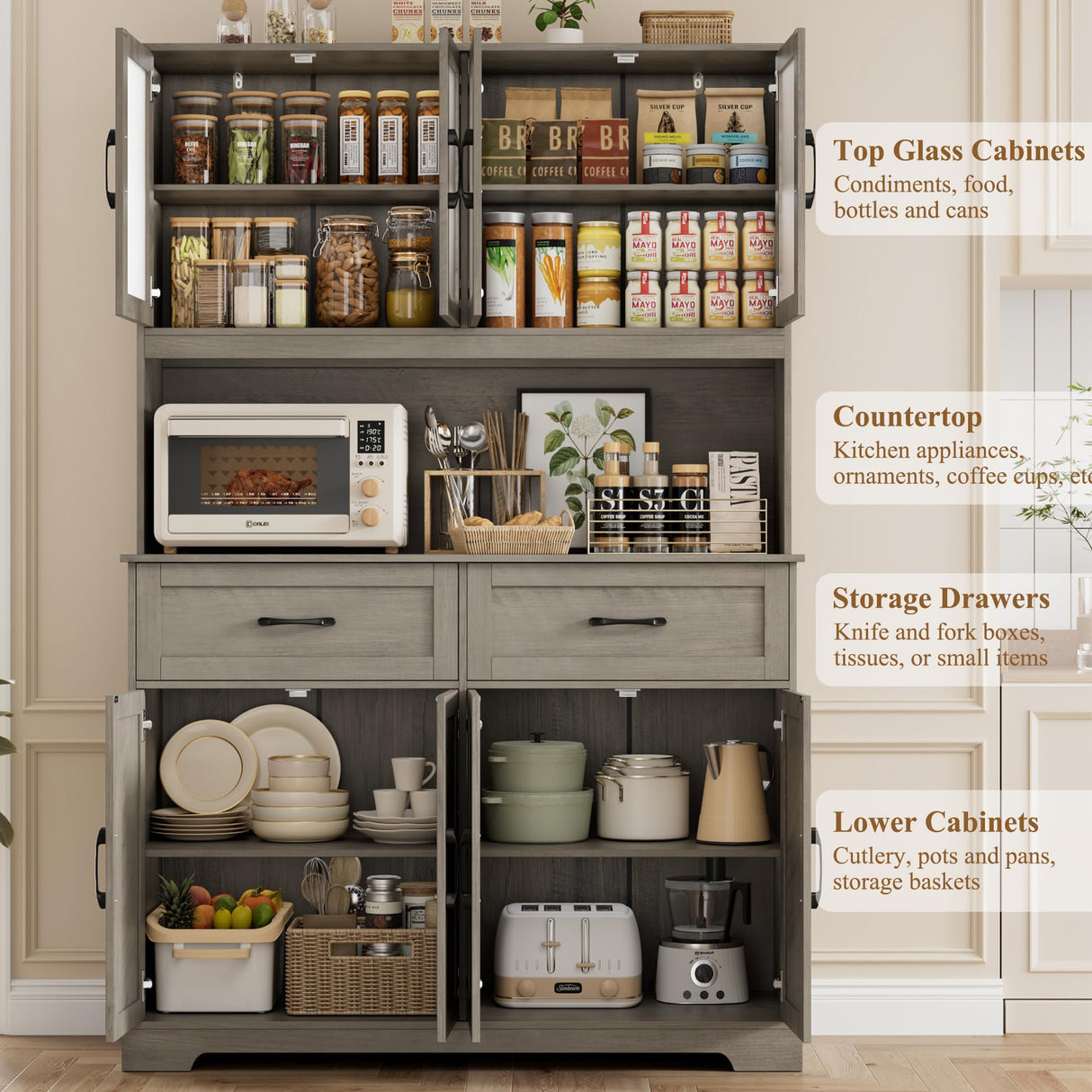 BOTLOG 71" Pantry Storage Cabinet, Farmhouse Food Pantry Cabinet with Microwave Stand, Kitchen Hutch with Large Drawer and Shelves for Dining Room Farmhouse Grey BOTLOG