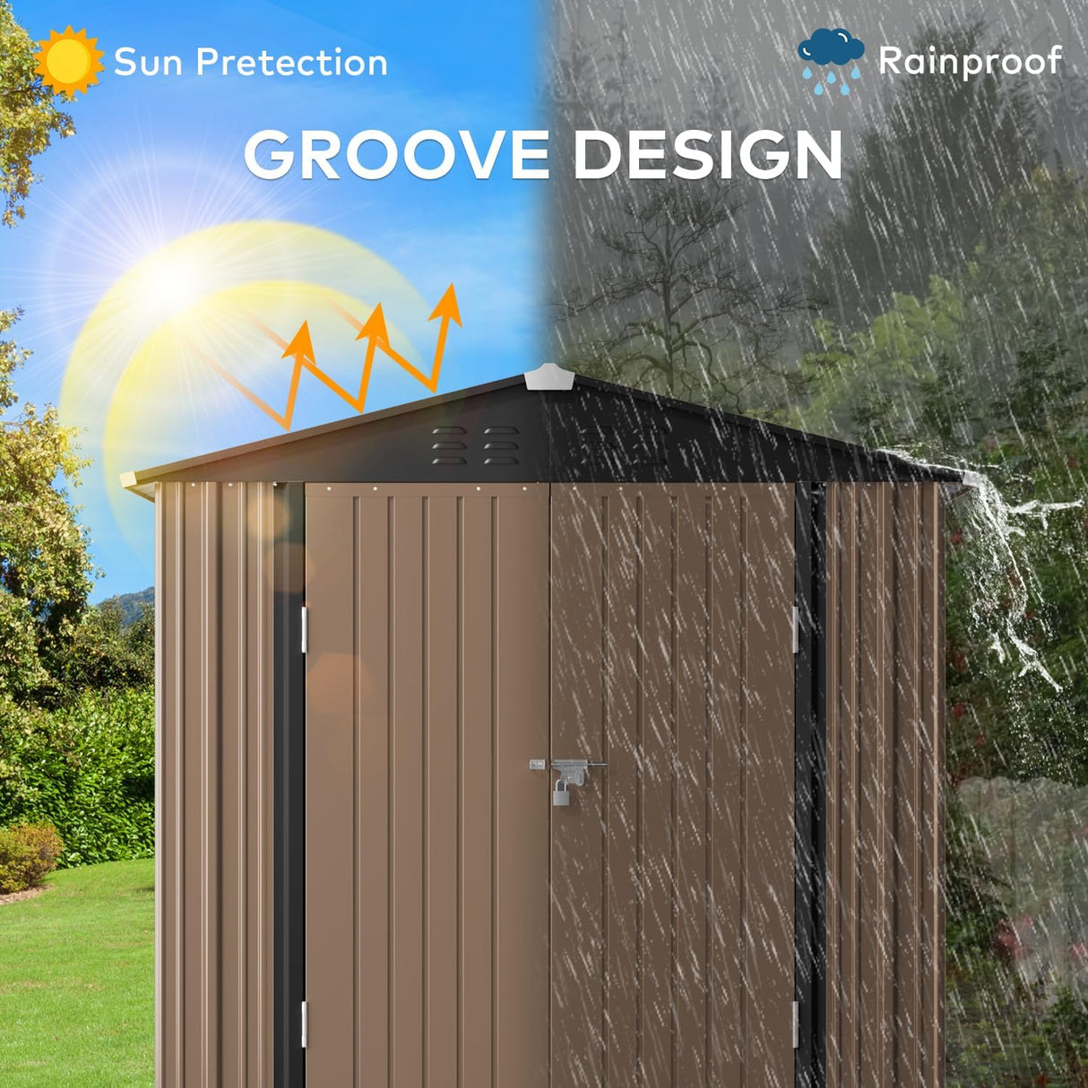 Gizoon Outdoor Storage Shed 6 x 4 FT, Galvanized Metal Garden Shed with Double Lockable Doors, Outdoor Storage Clearance for Backyard Patio Lawn-Light Brown Gizoon