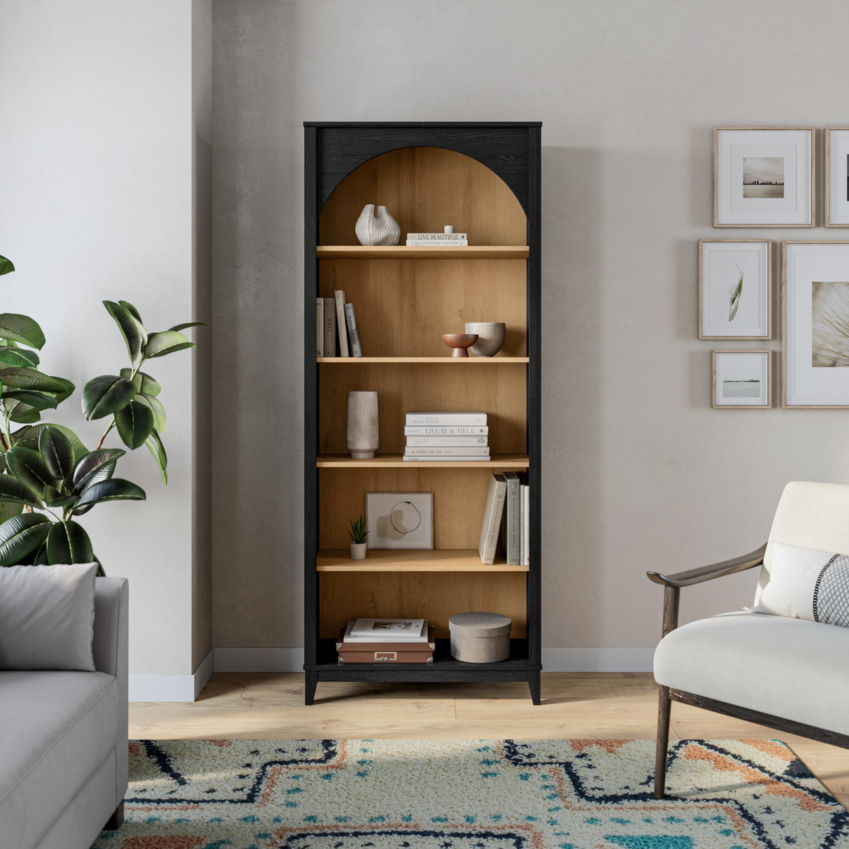 Prepac Ark 78" Tall 5-Tier Arched Bookcase, Black Oak with Oak Finish Interior, Modern Storage Accent Bookshelf with 3 Adjustable Shelves for Home, Office, Living Room, Bedroom Prepac