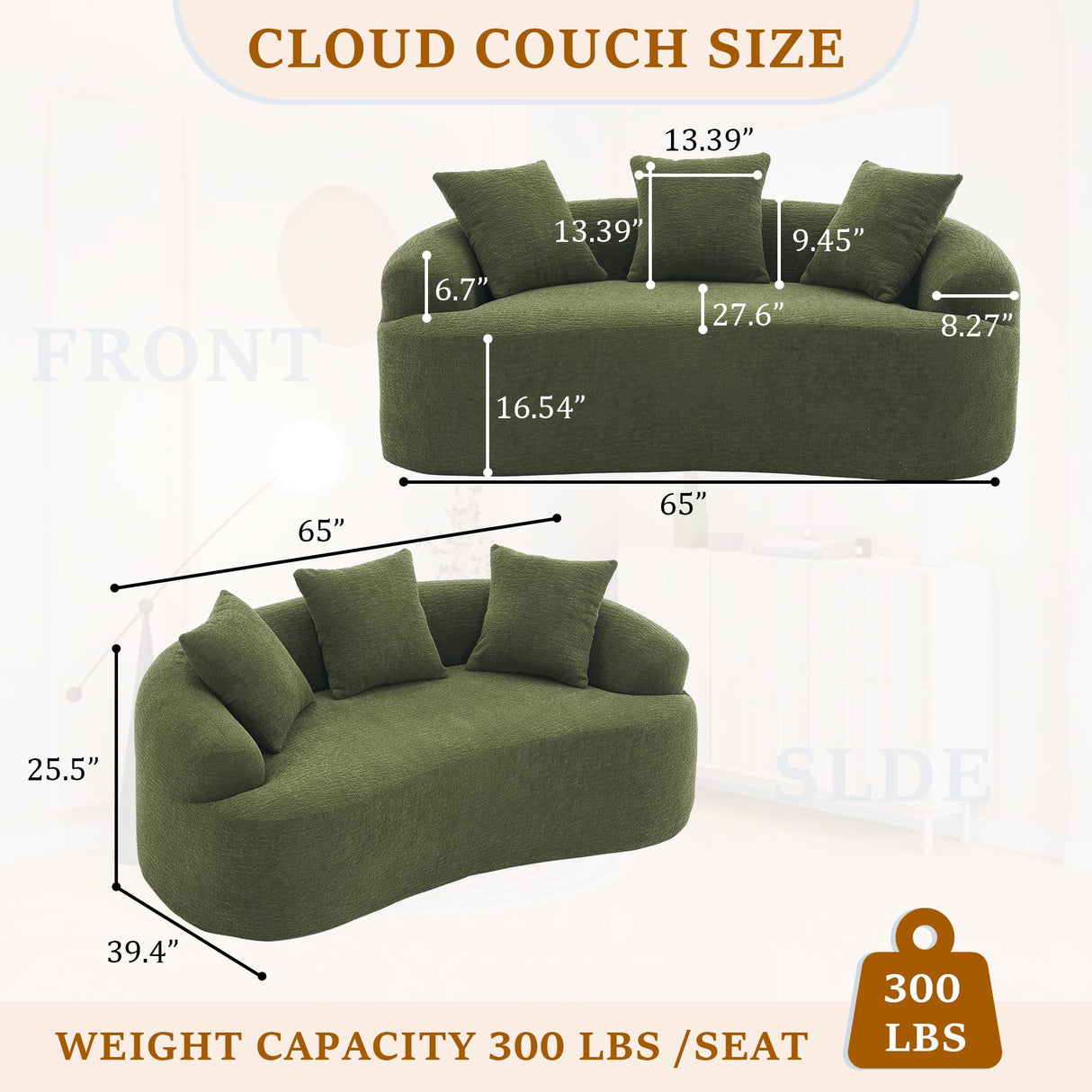 65'' Modern Curved Cloud Loveseat Sectional Sofa for Small Spaces, Luxury Plush Chenille Deep Seat Couch with 3 Pillows, No Assembly Needed Apartment Living Room Furniture, Green TTK
